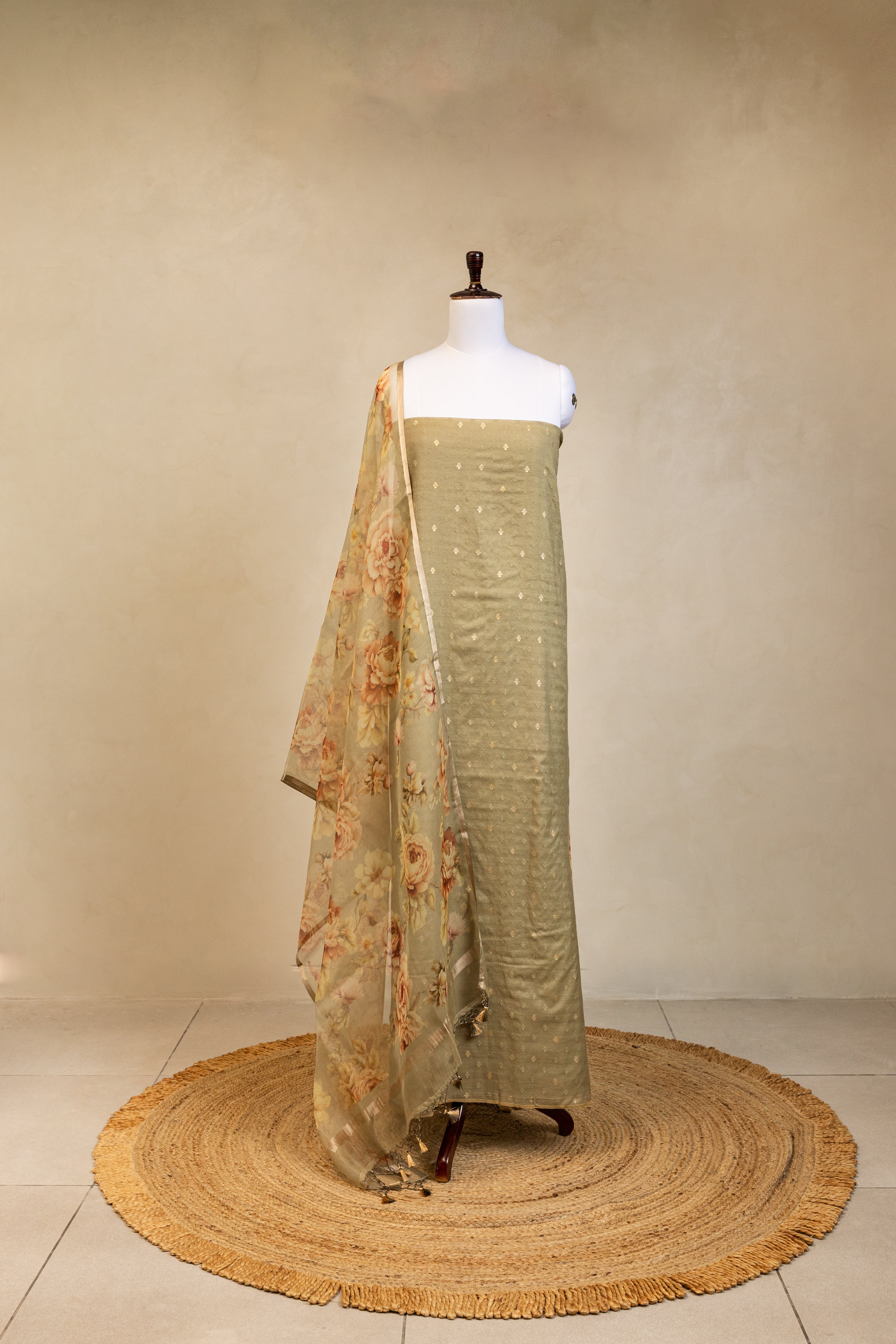 Grey Cotton Handloom Banarasi Suit