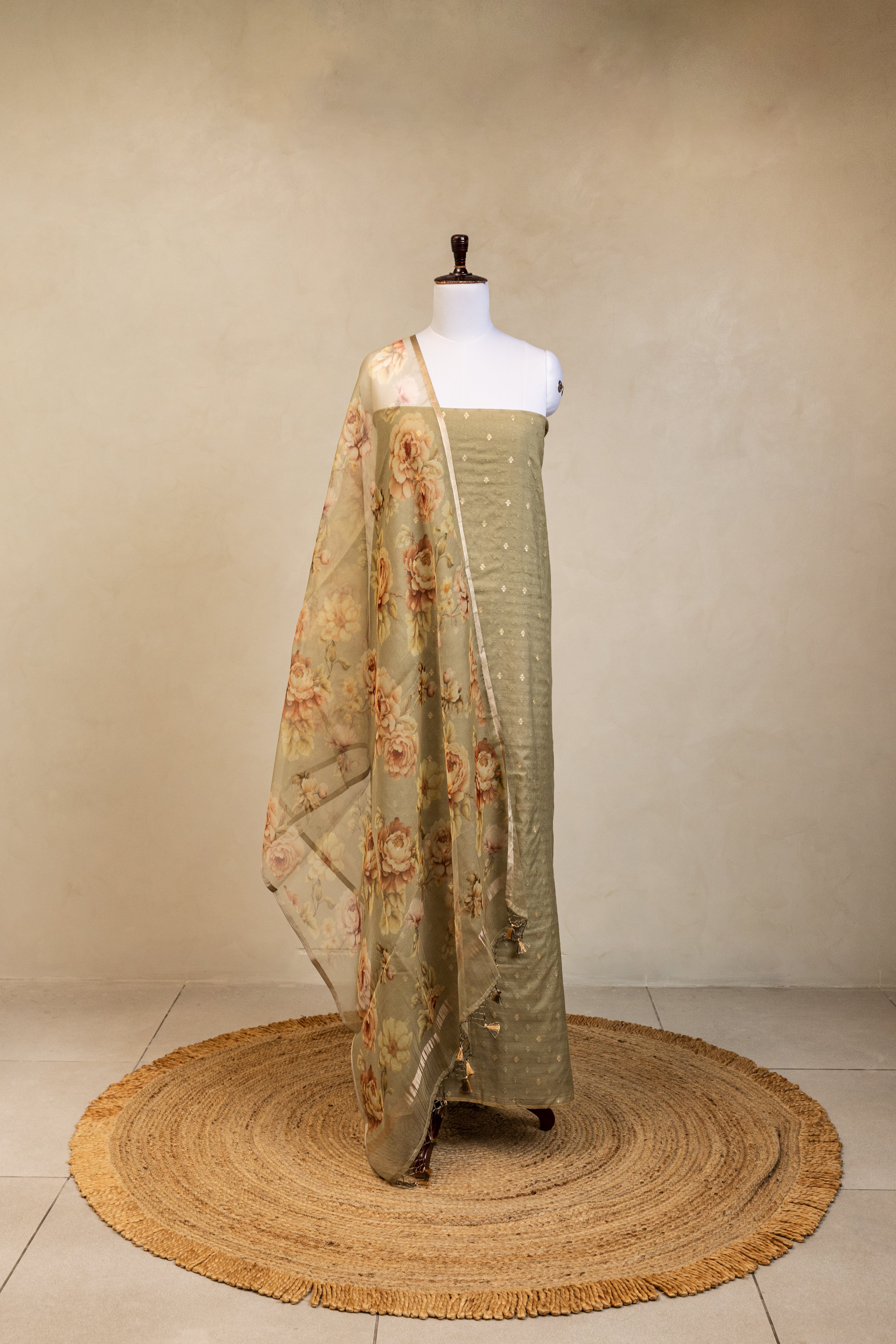 Grey Cotton Handloom Banarasi Suit