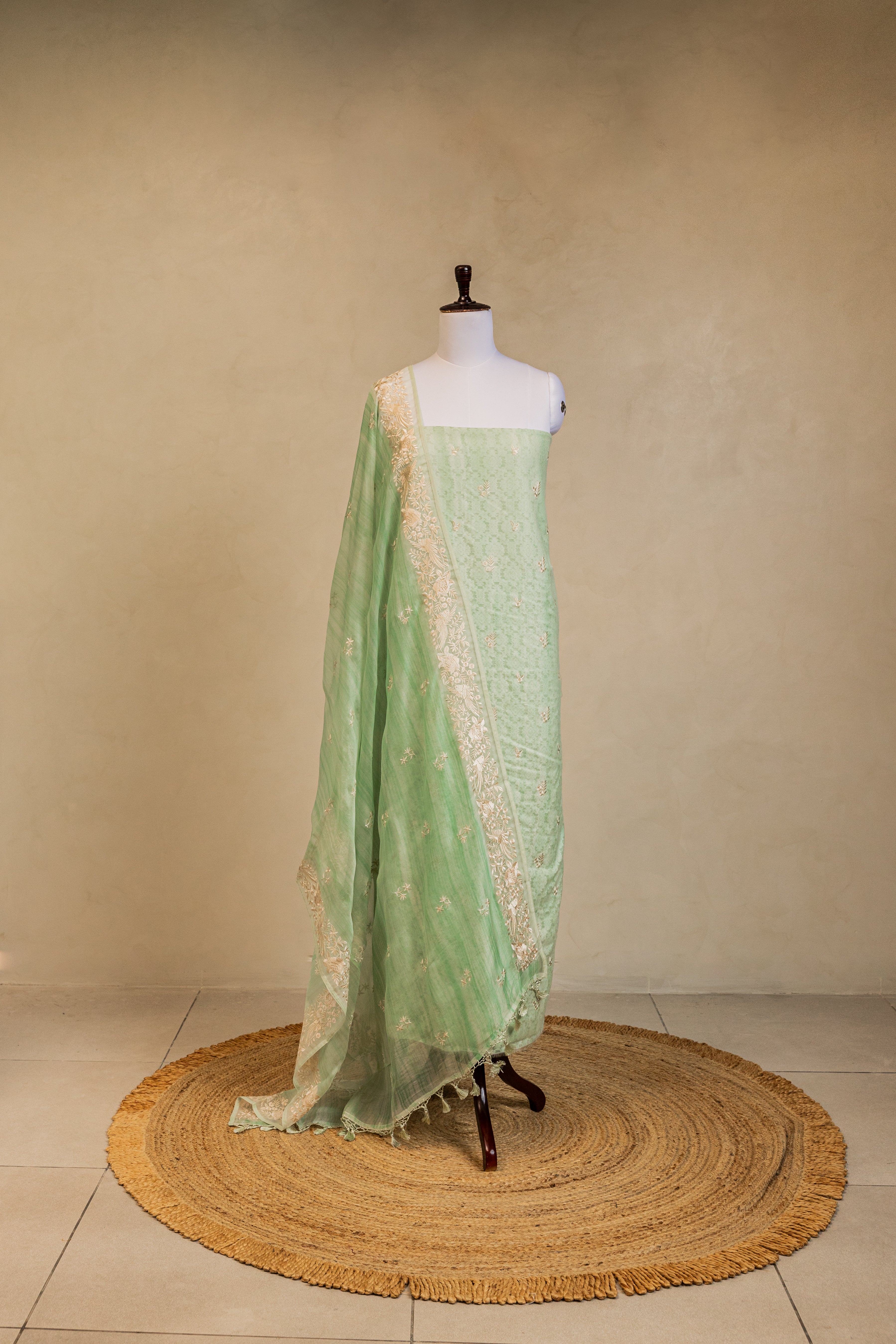 Sea Green Cotton Embroidered Handloom Banarasi Suit