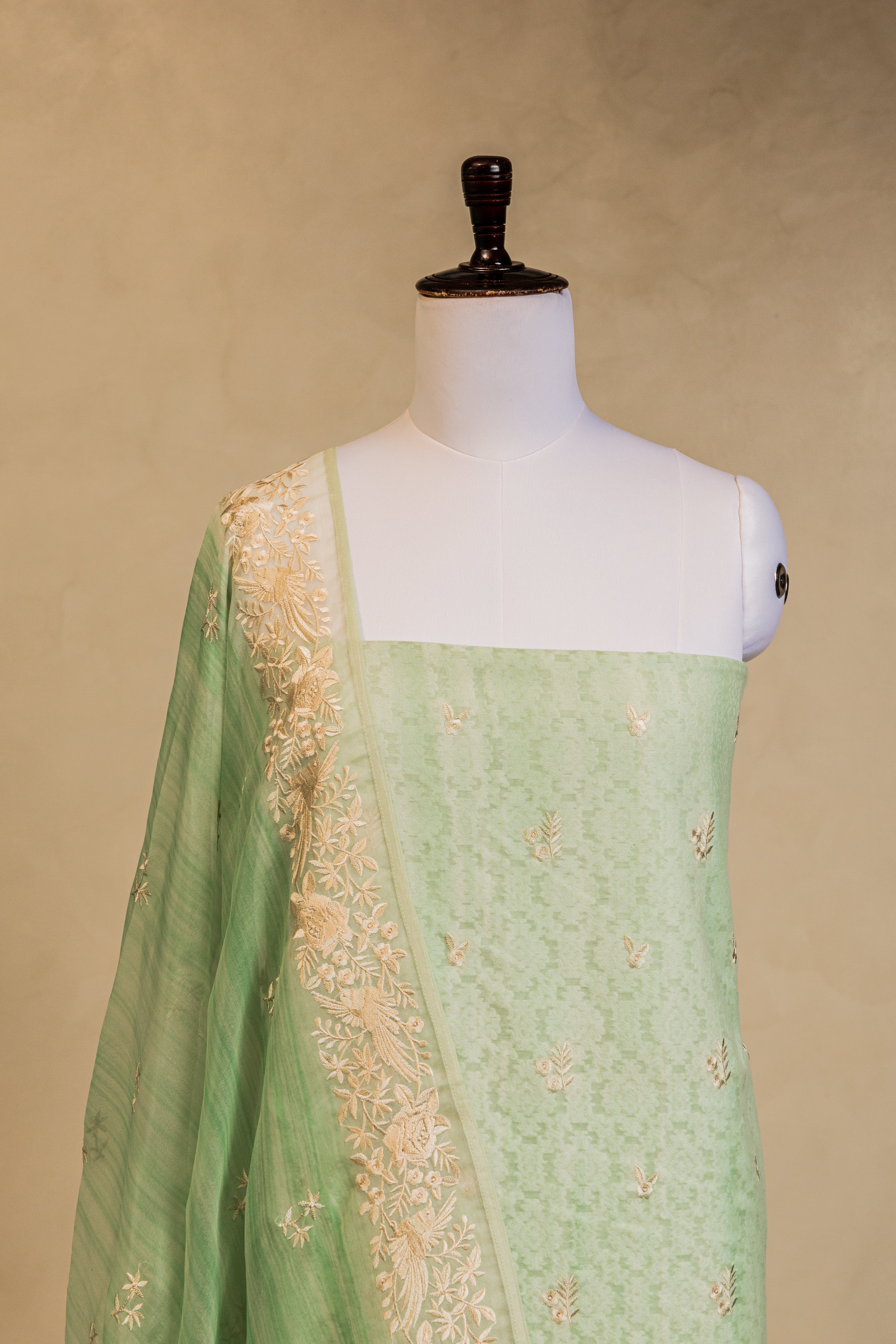 Sea Green Cotton Embroidered Handloom Banarasi Suit
