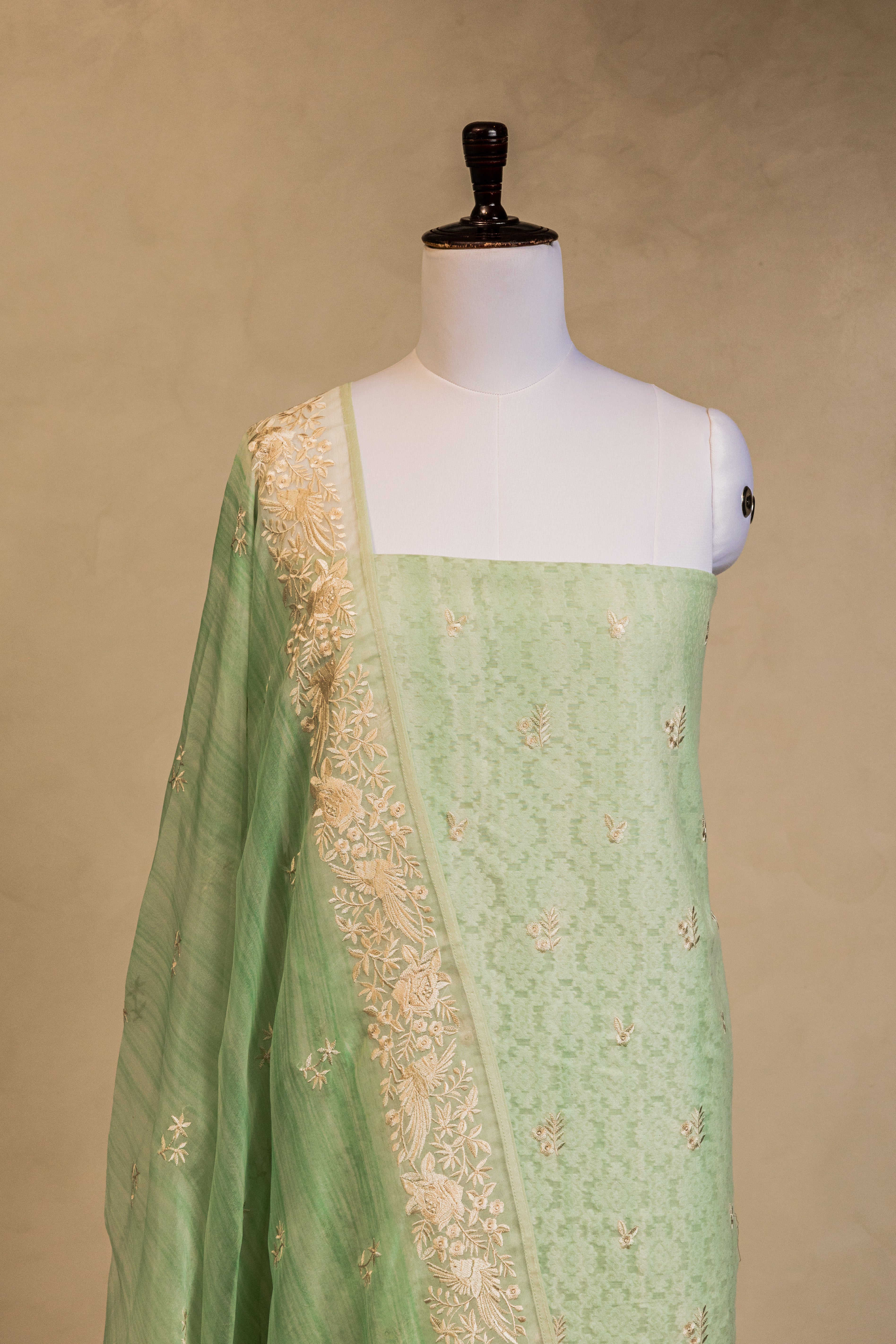 Sea Green Cotton Embroidered Handloom Banarasi Suit