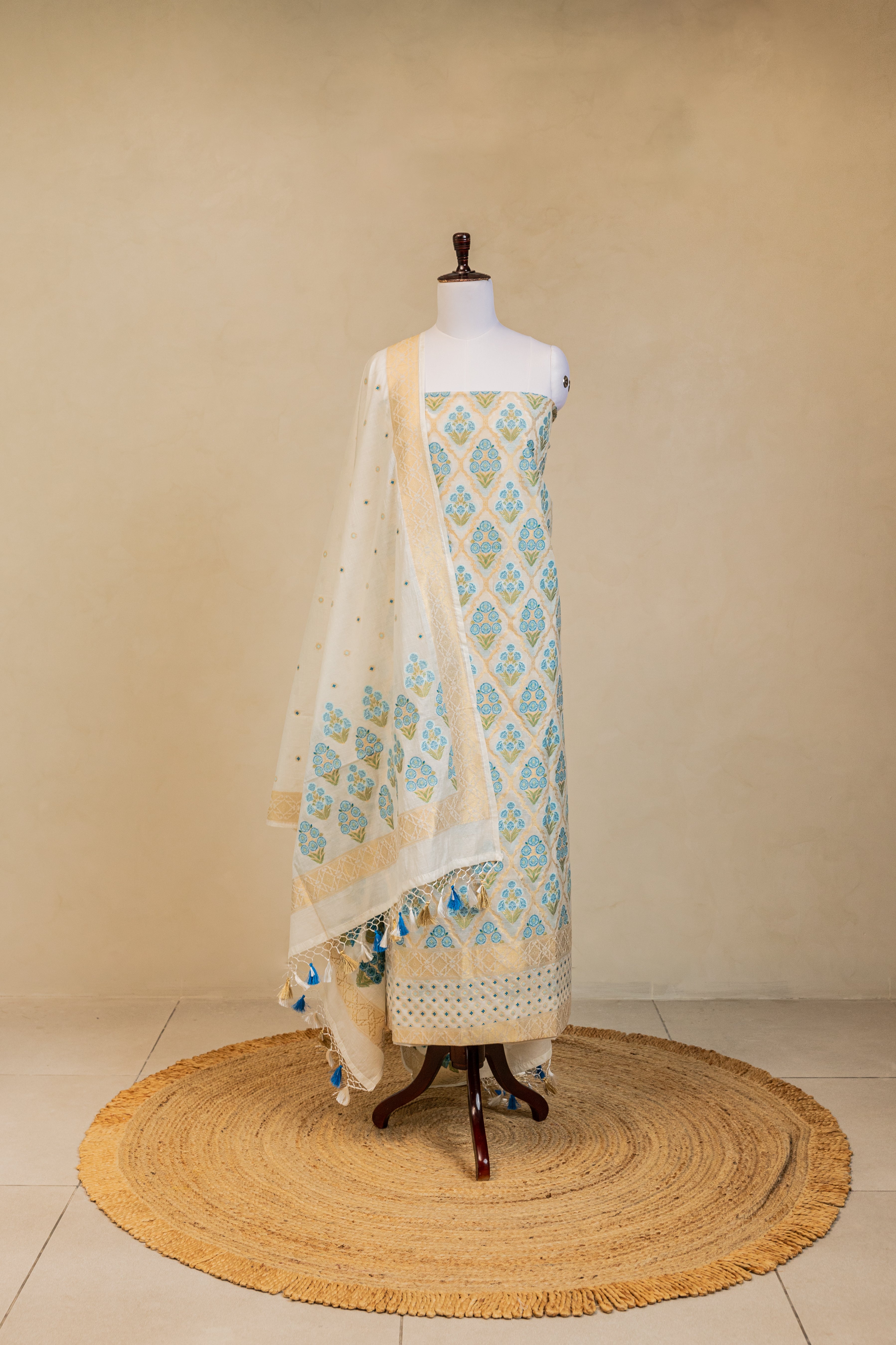 White Cotton Silk Handloom Banarasi Suit