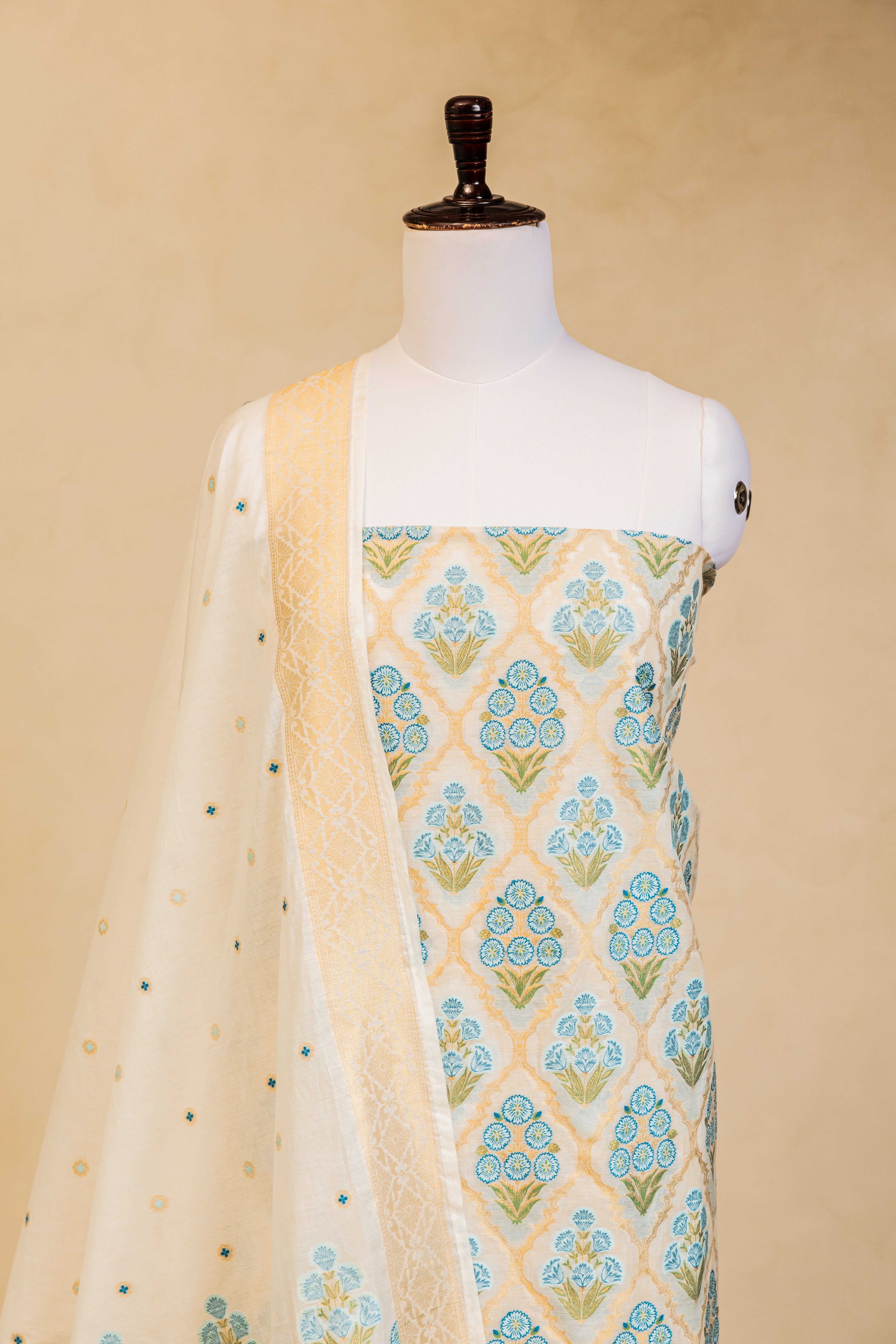 White Cotton Silk Handloom Banarasi Suit