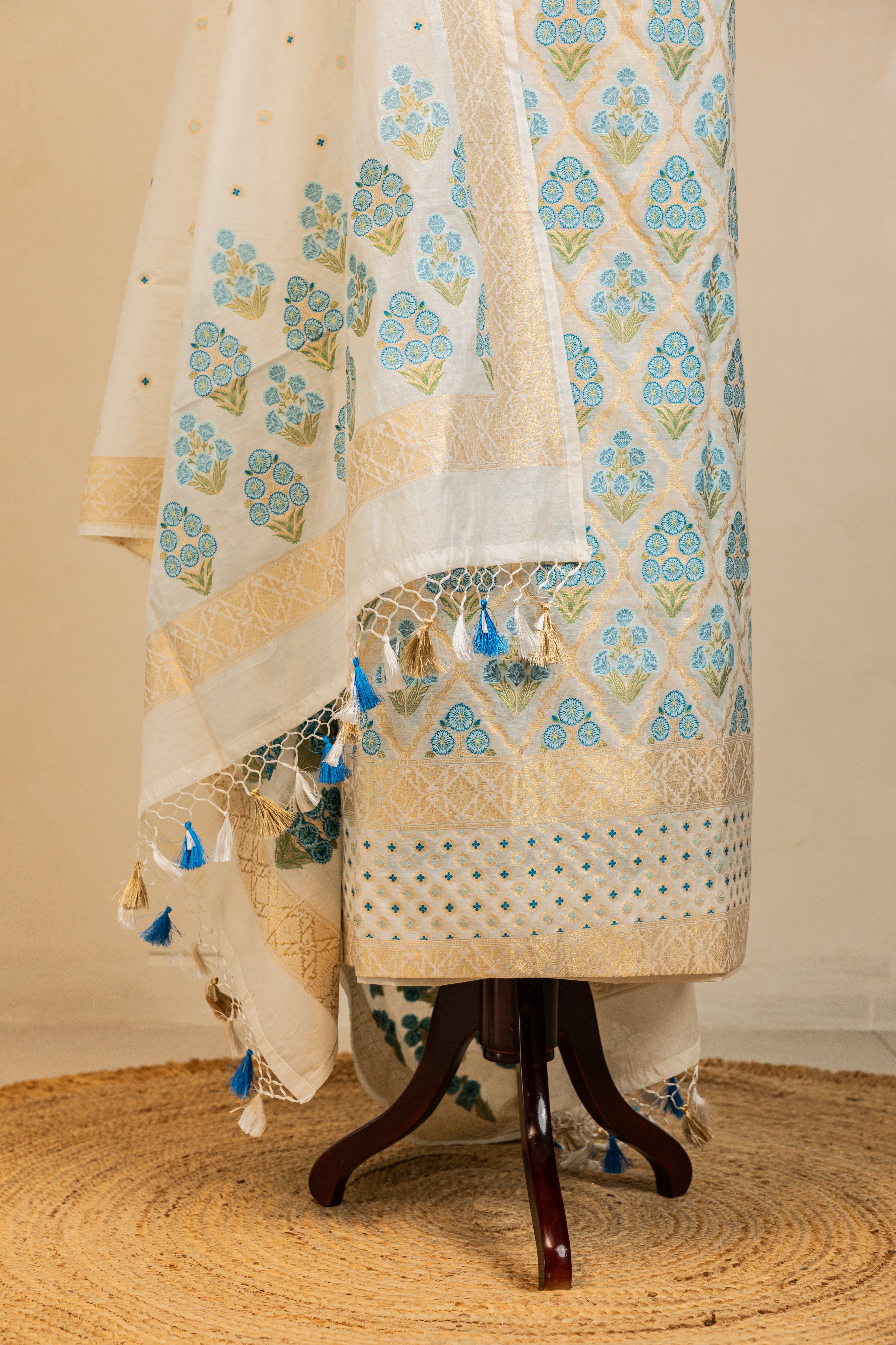 White Cotton Silk Handloom Banarasi Suit