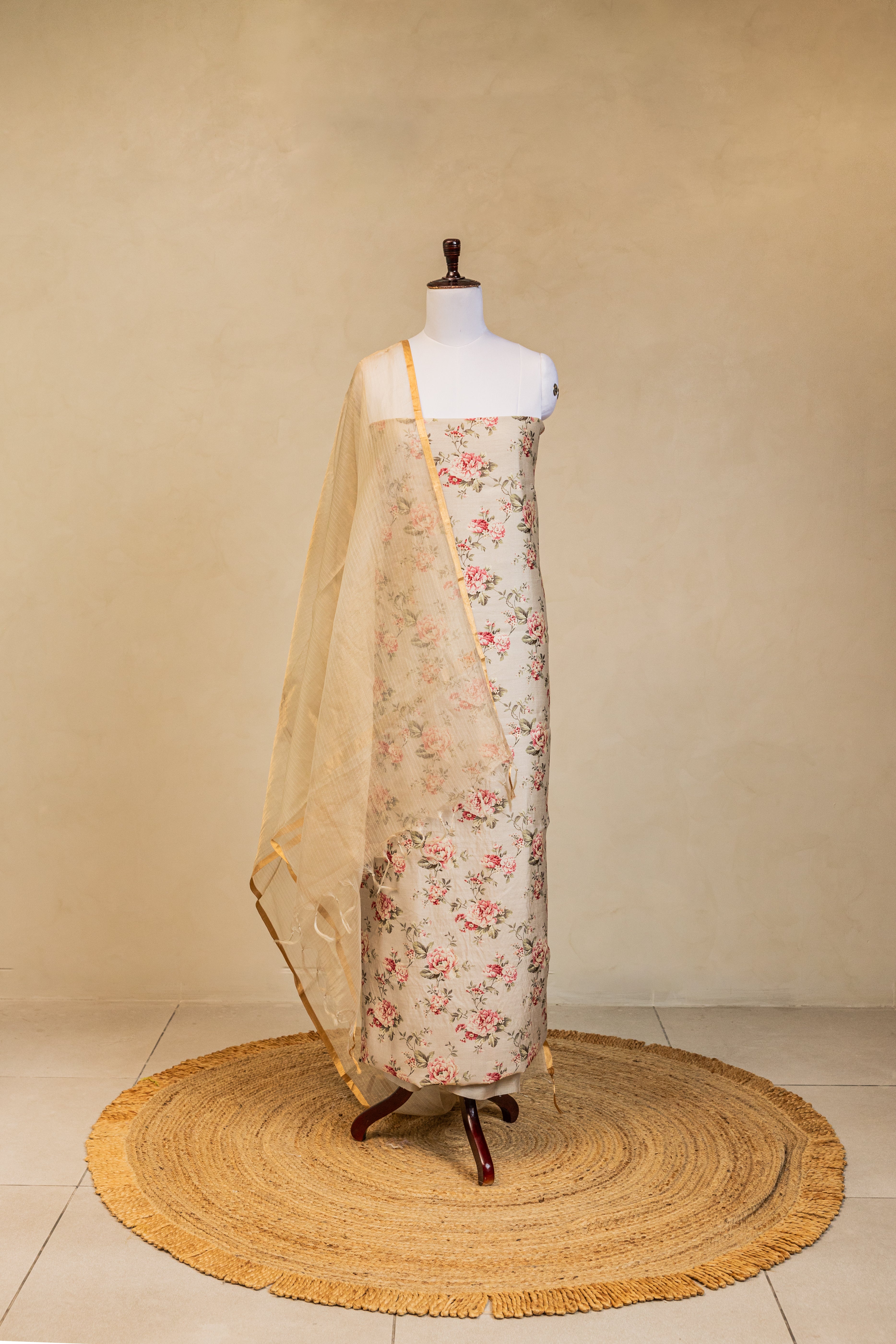 Beige Tussar Silk Handloom Banarasi Suit