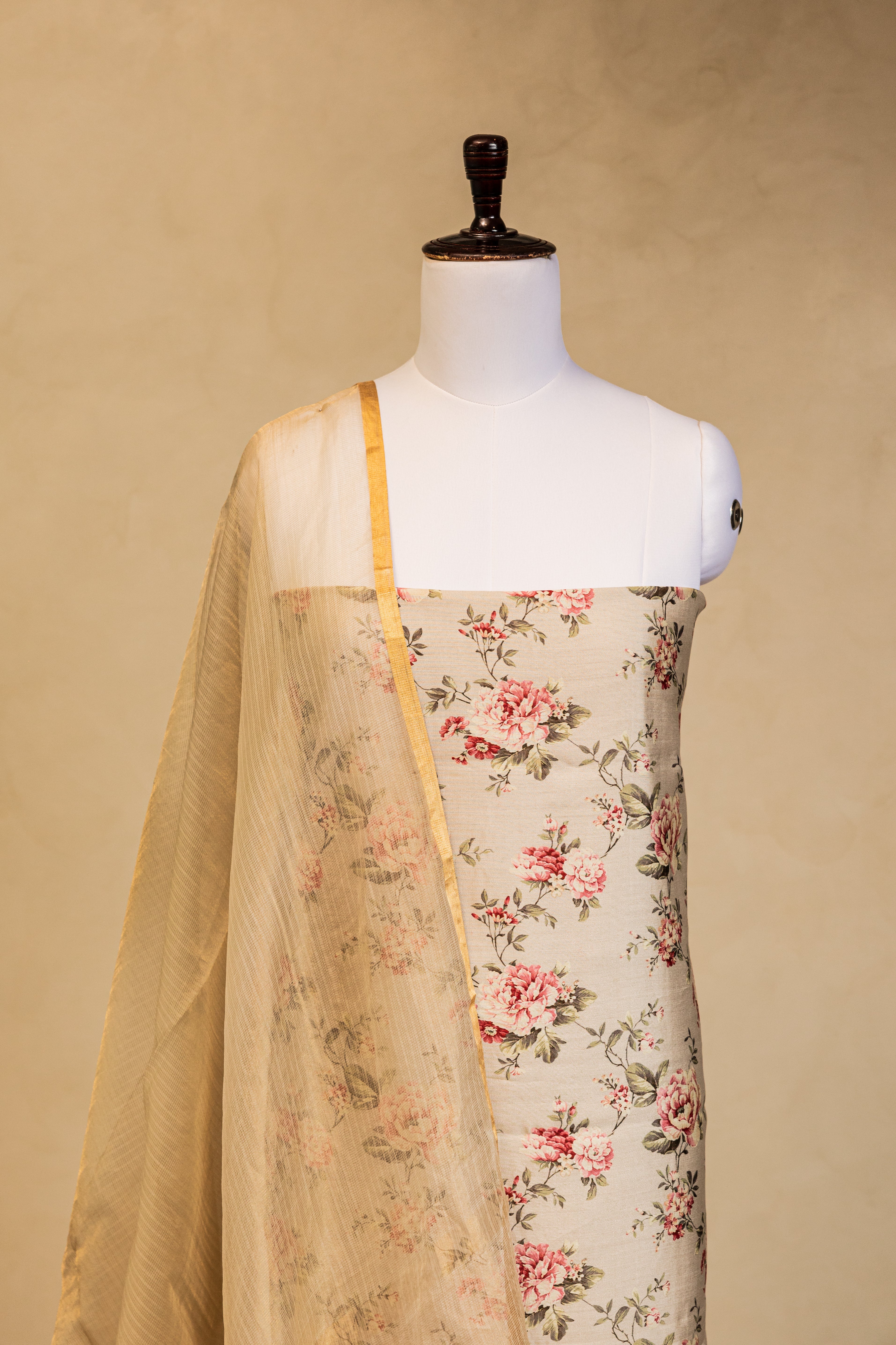 Beige Tussar Silk Handloom Banarasi Suit