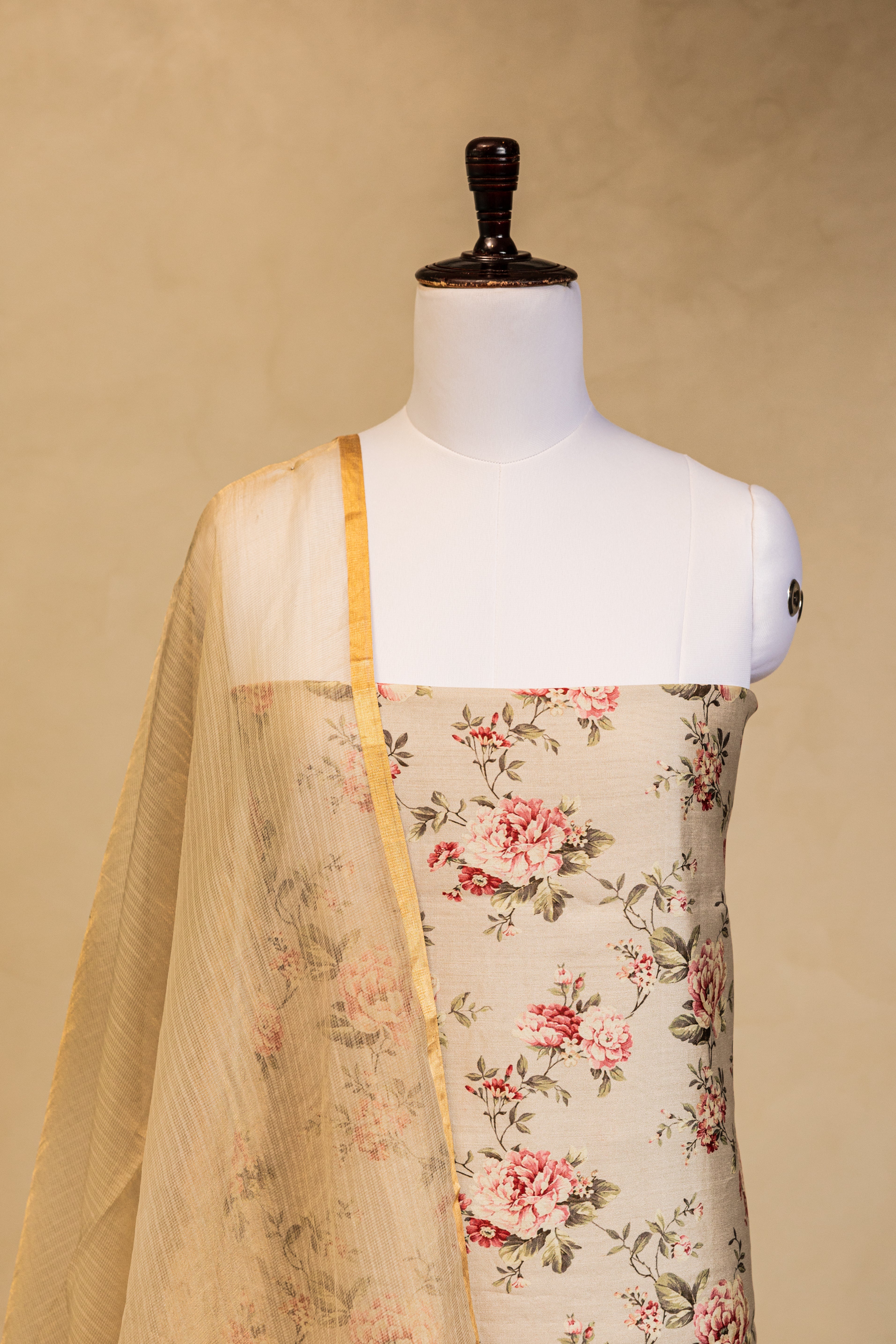 Beige Tussar Silk Handloom Banarasi Suit