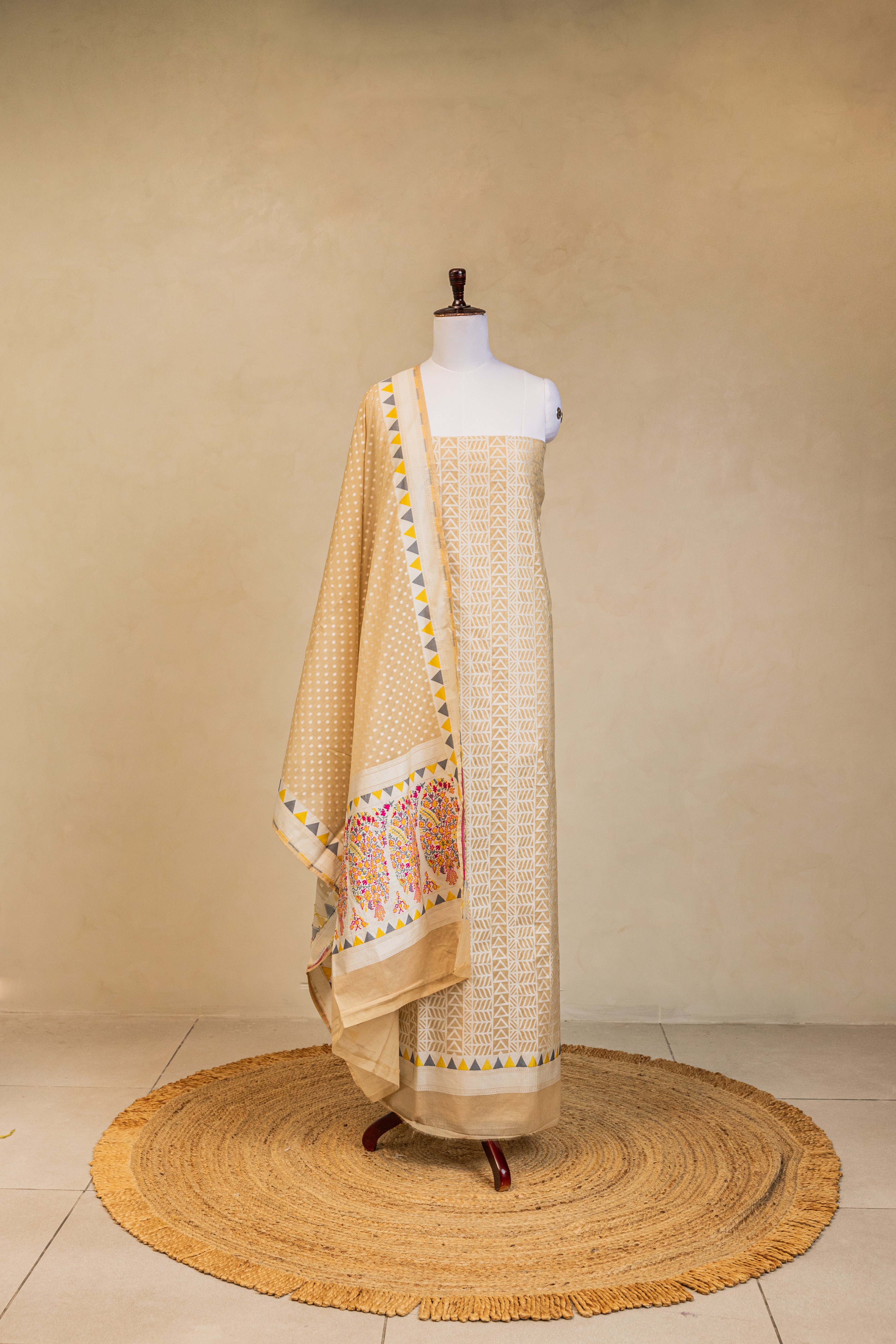 Beige Geometric Cotton Silk Handloom Banarasi Suit