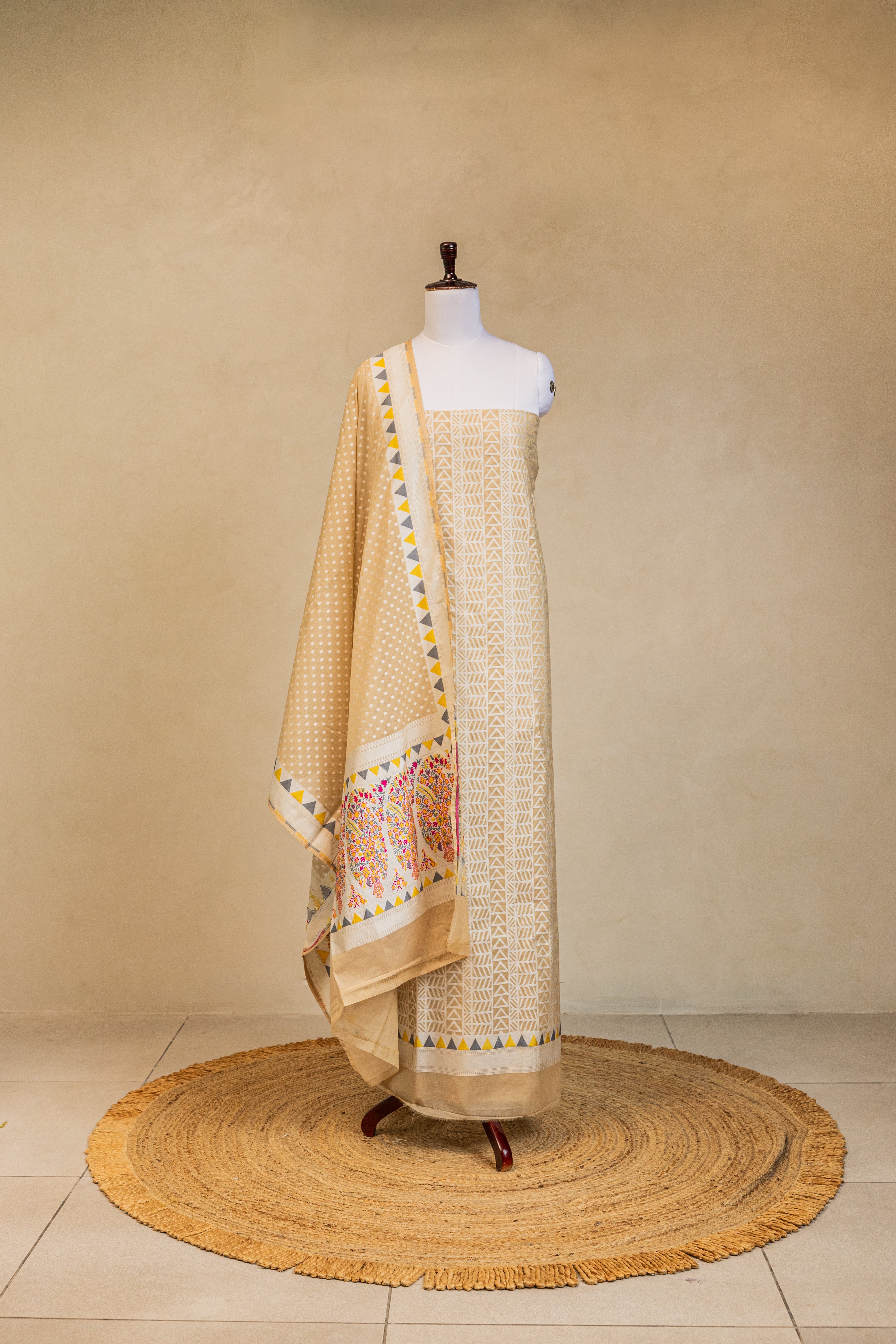 Beige Geometric Cotton Silk Handloom Banarasi Suit