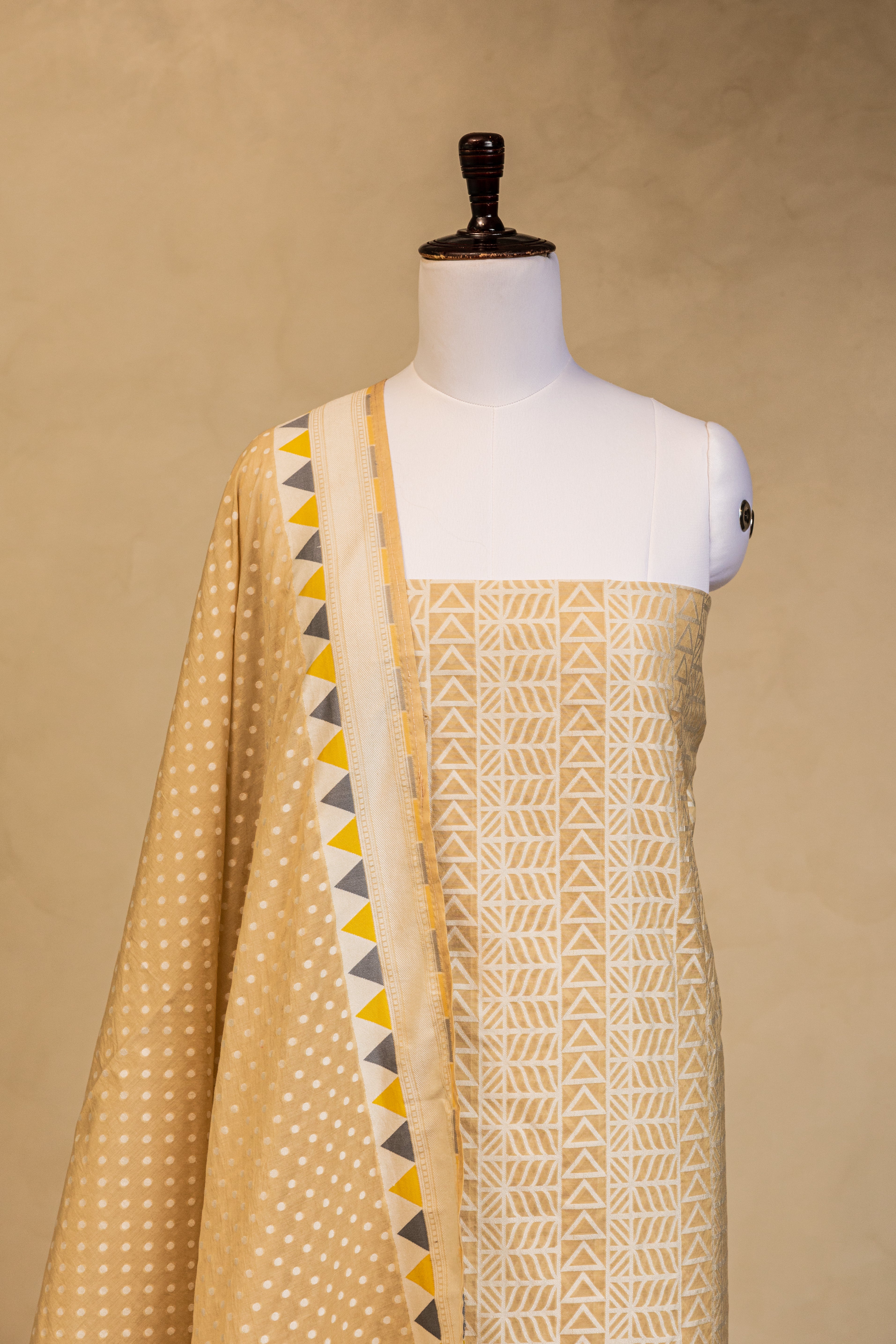 Beige Geometric Cotton Silk Handloom Banarasi Suit