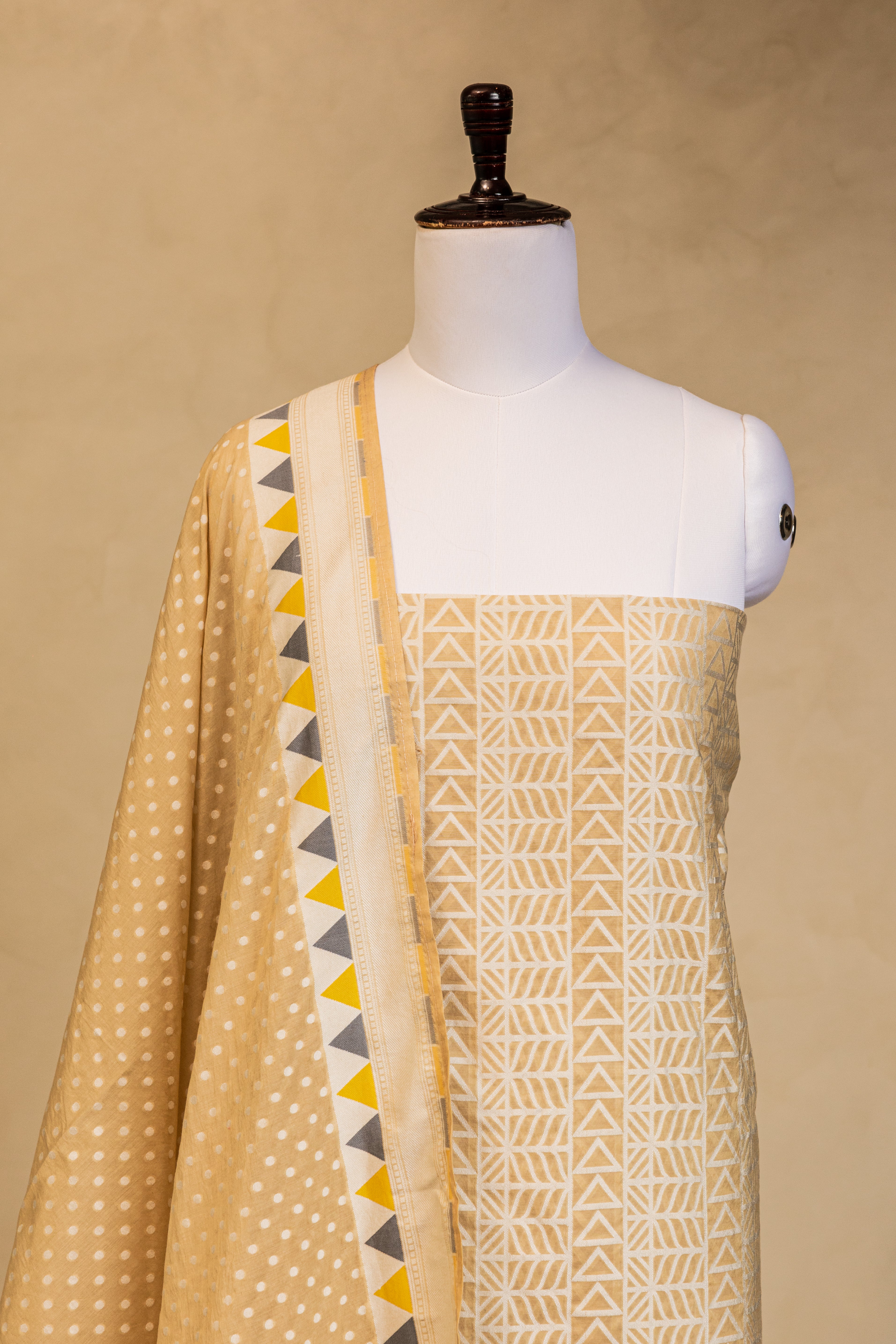 Beige Geometric Cotton Silk Handloom Banarasi Suit