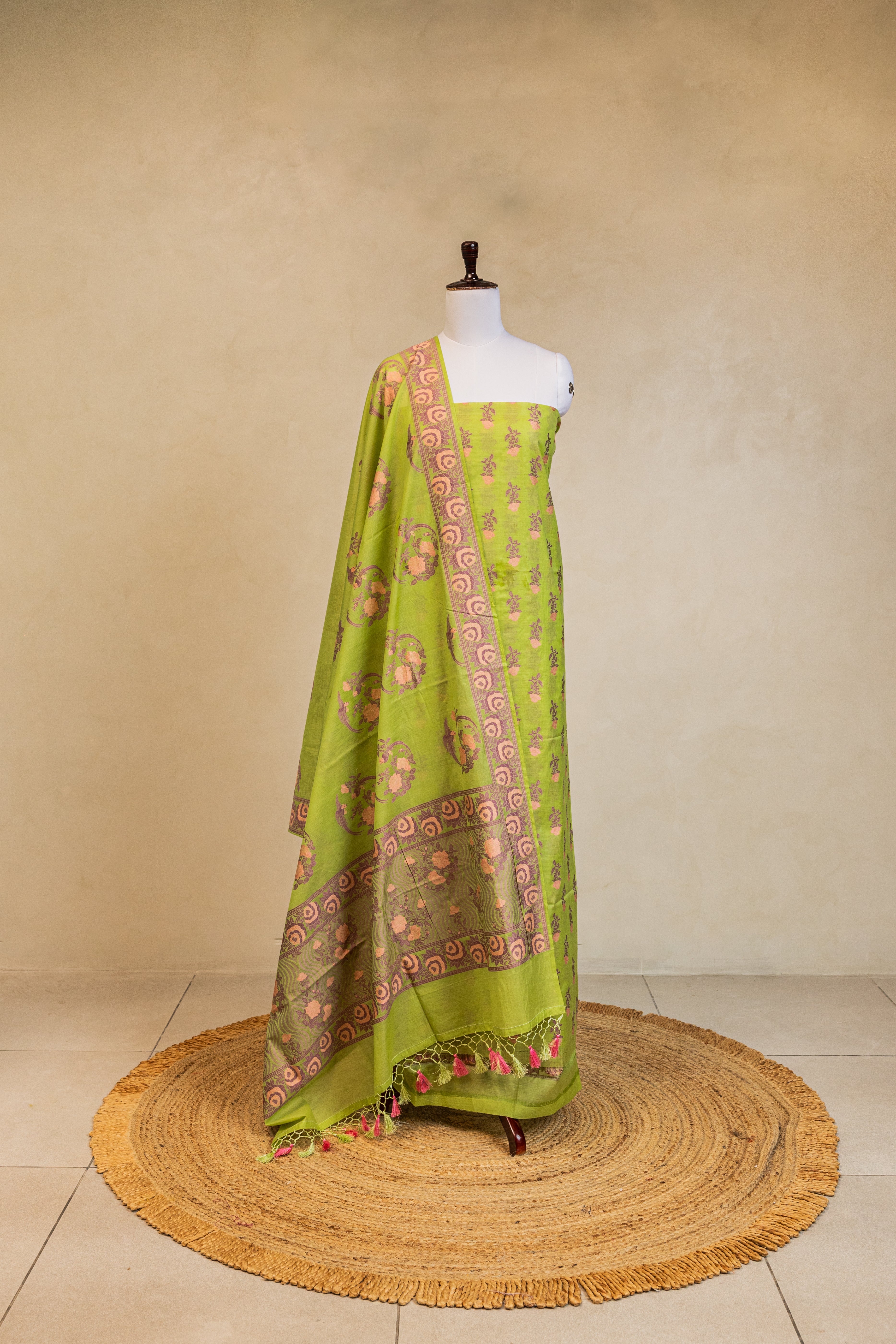 Parrot Green Cotton Silk Handloom Banarasi Suit