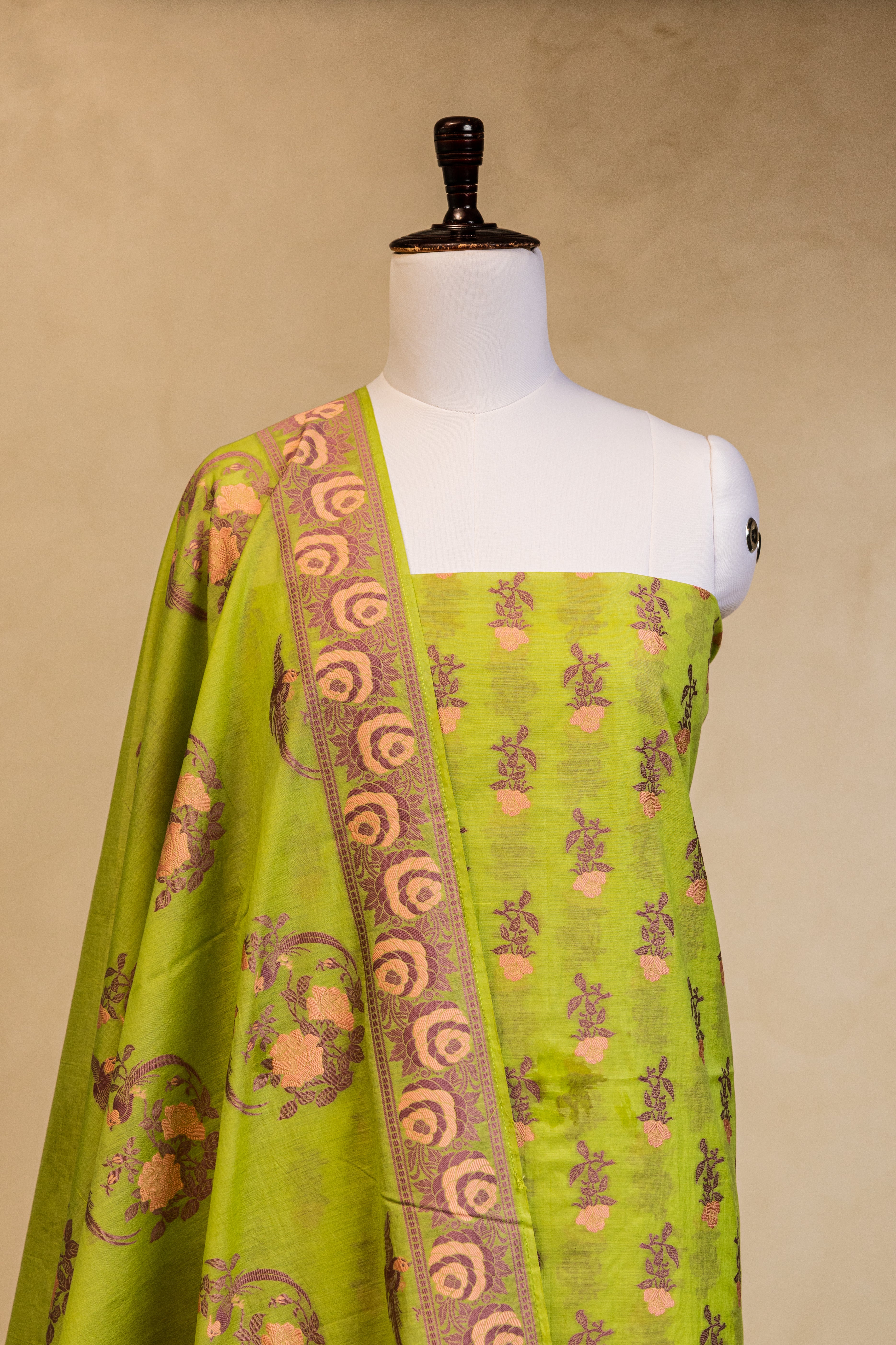 Parrot Green Cotton Silk Handloom Banarasi Suit