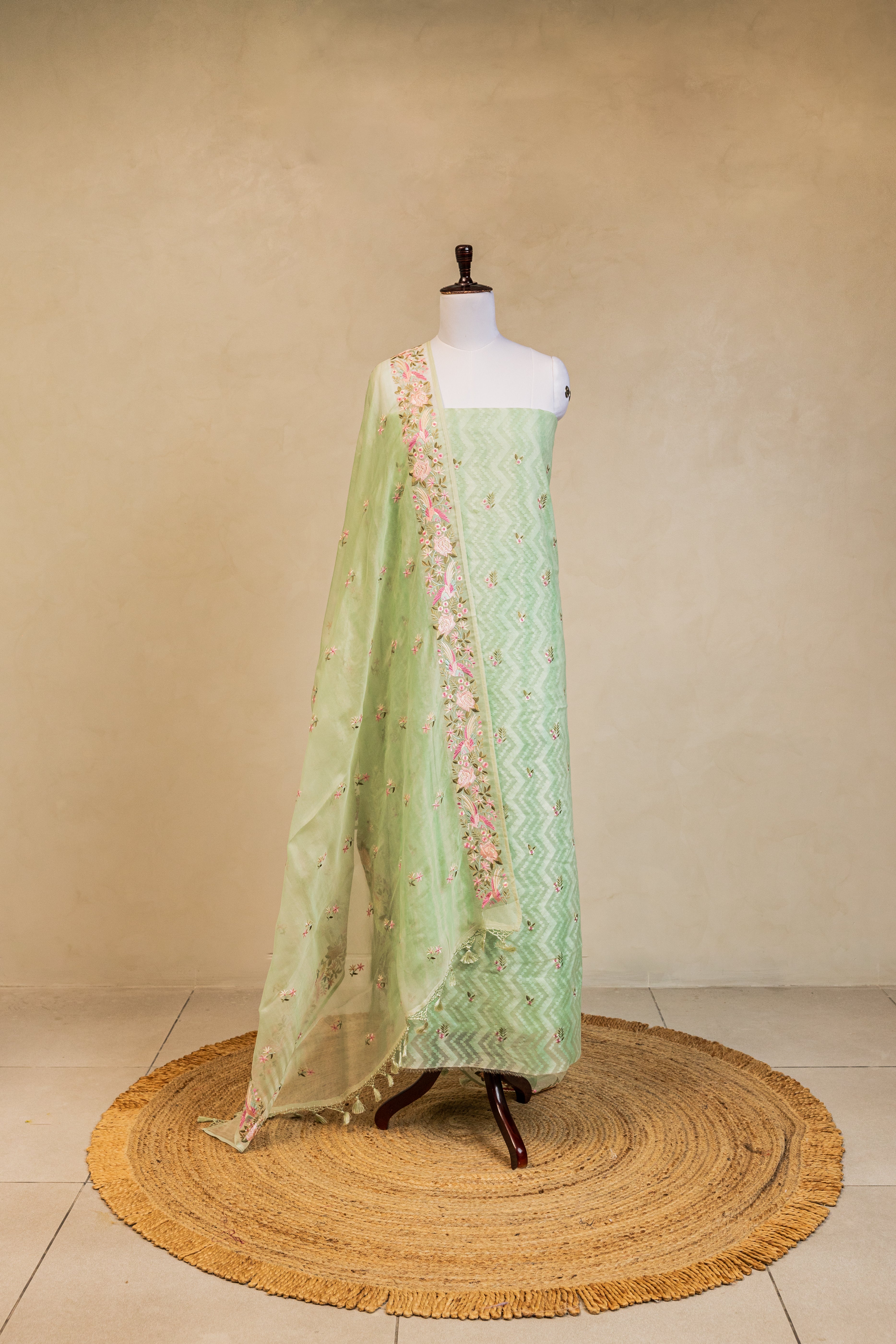 Sea Green Cotton Silk Embroidered Handloom Banarasi Suit