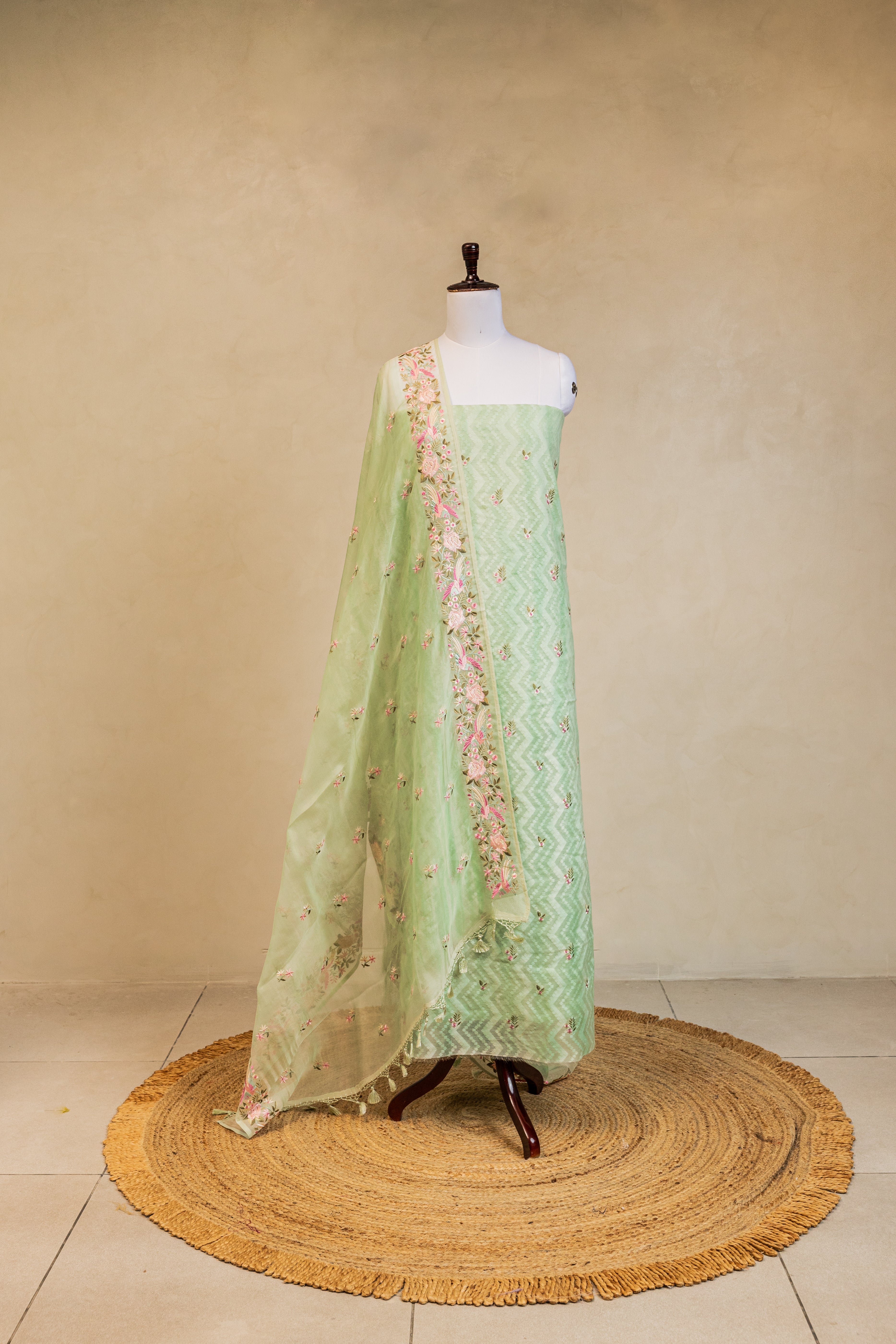 Sea Green Cotton Silk Embroidered Handloom Banarasi Suit