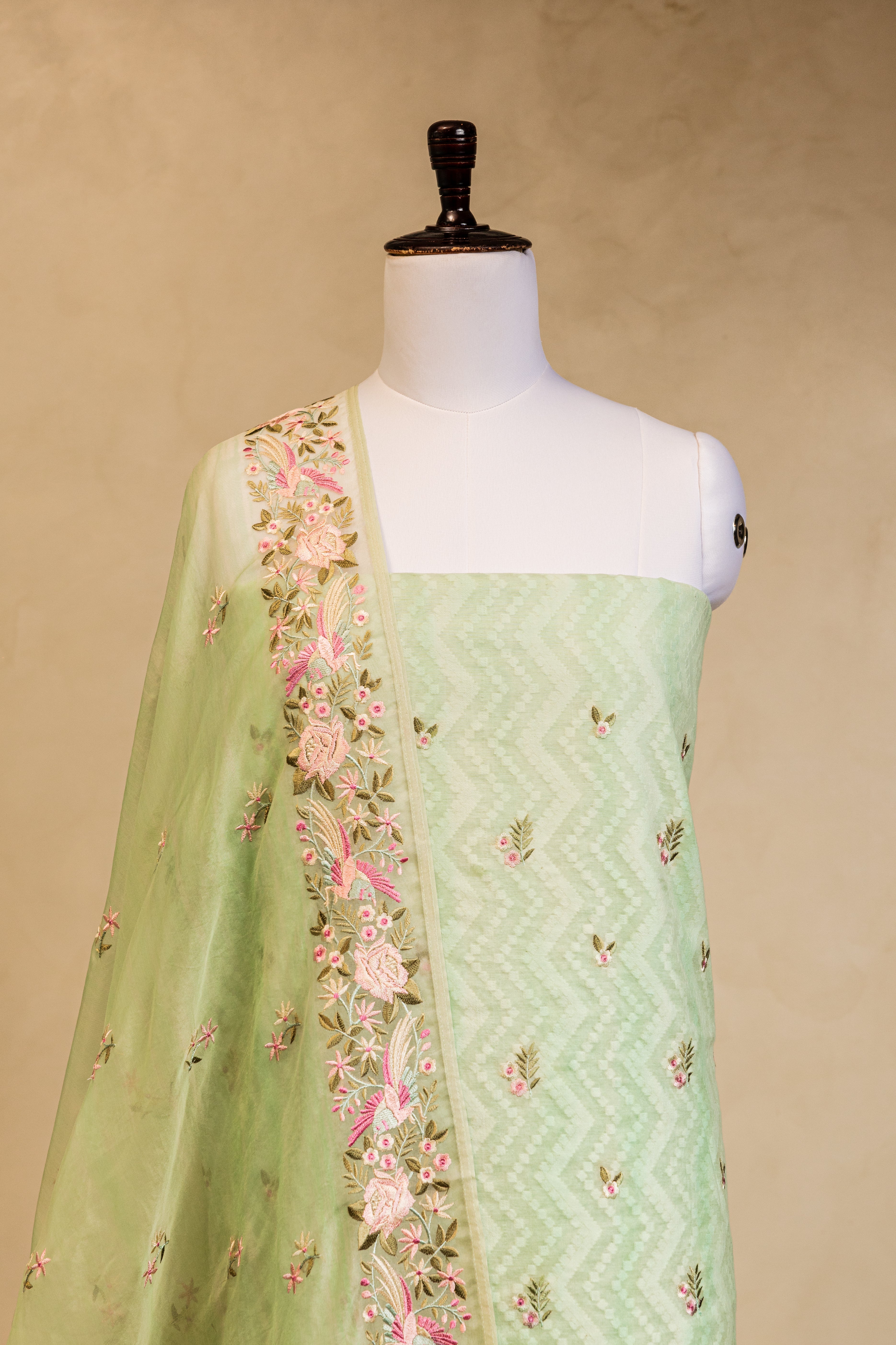 Sea Green Cotton Silk Embroidered Handloom Banarasi Suit