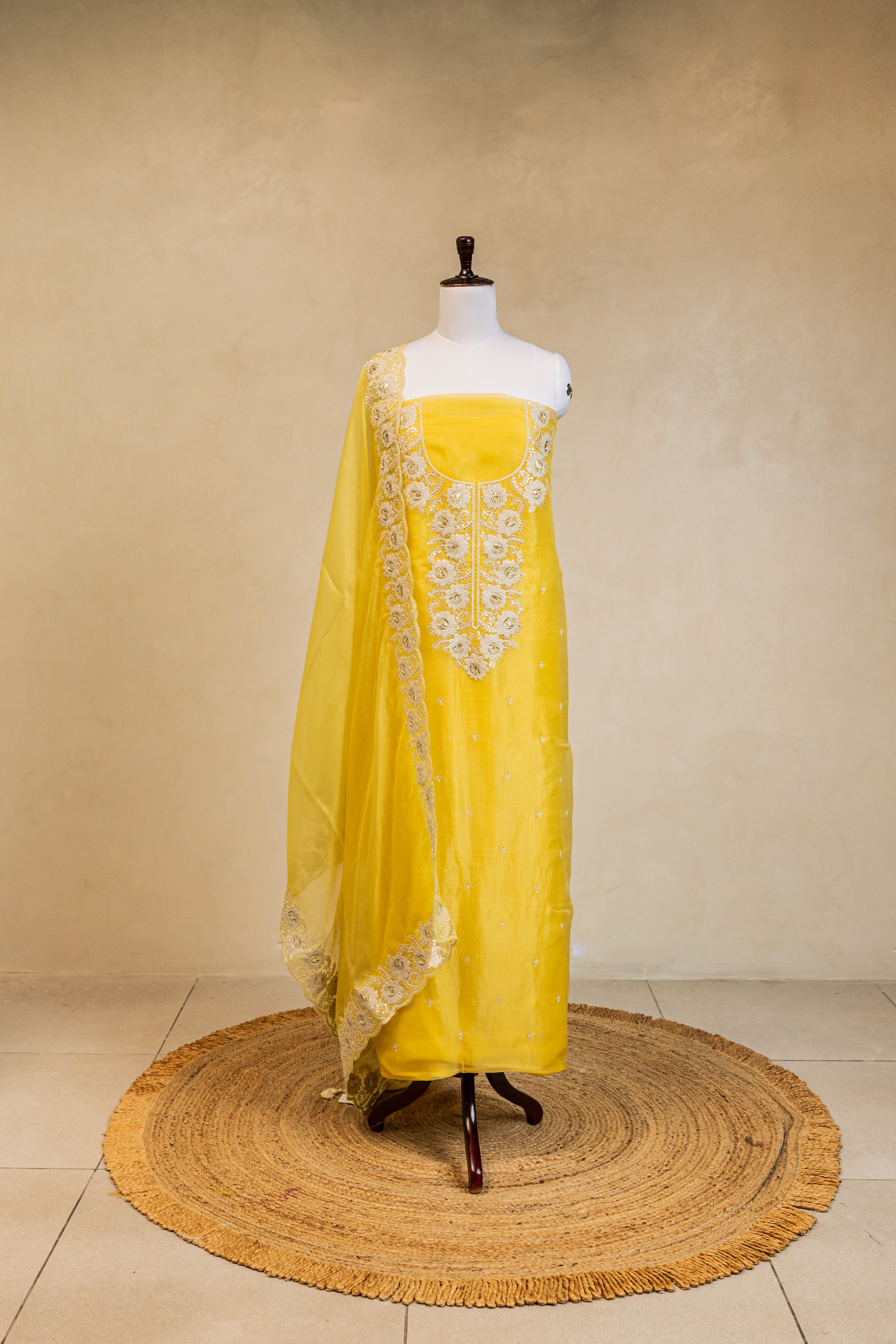 Lemon Embroidered Organza Handloom Banarasi Suit