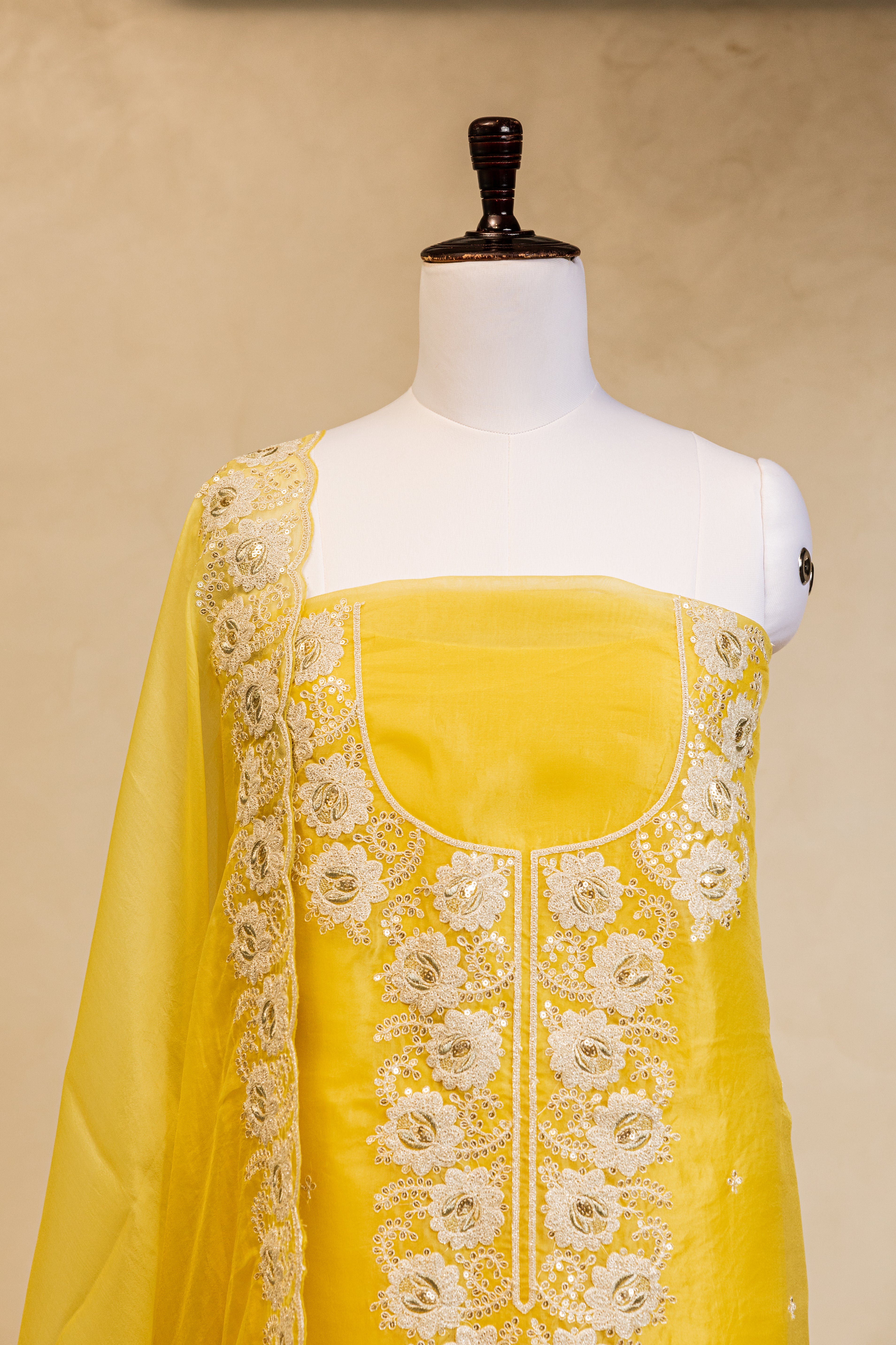 Lemon Embroidered Organza Handloom Banarasi Suit