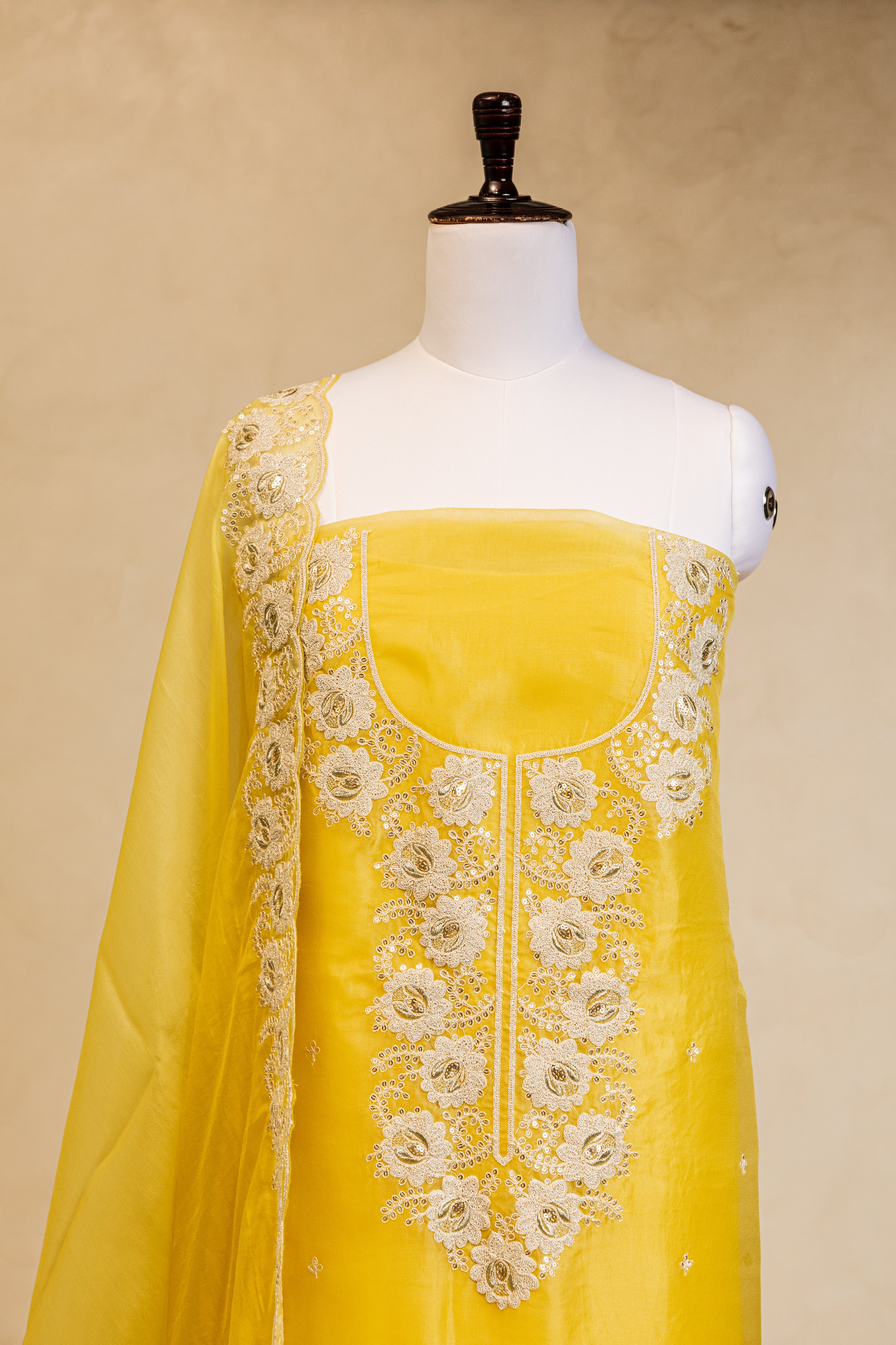 Lemon Embroidered Organza Handloom Banarasi Suit