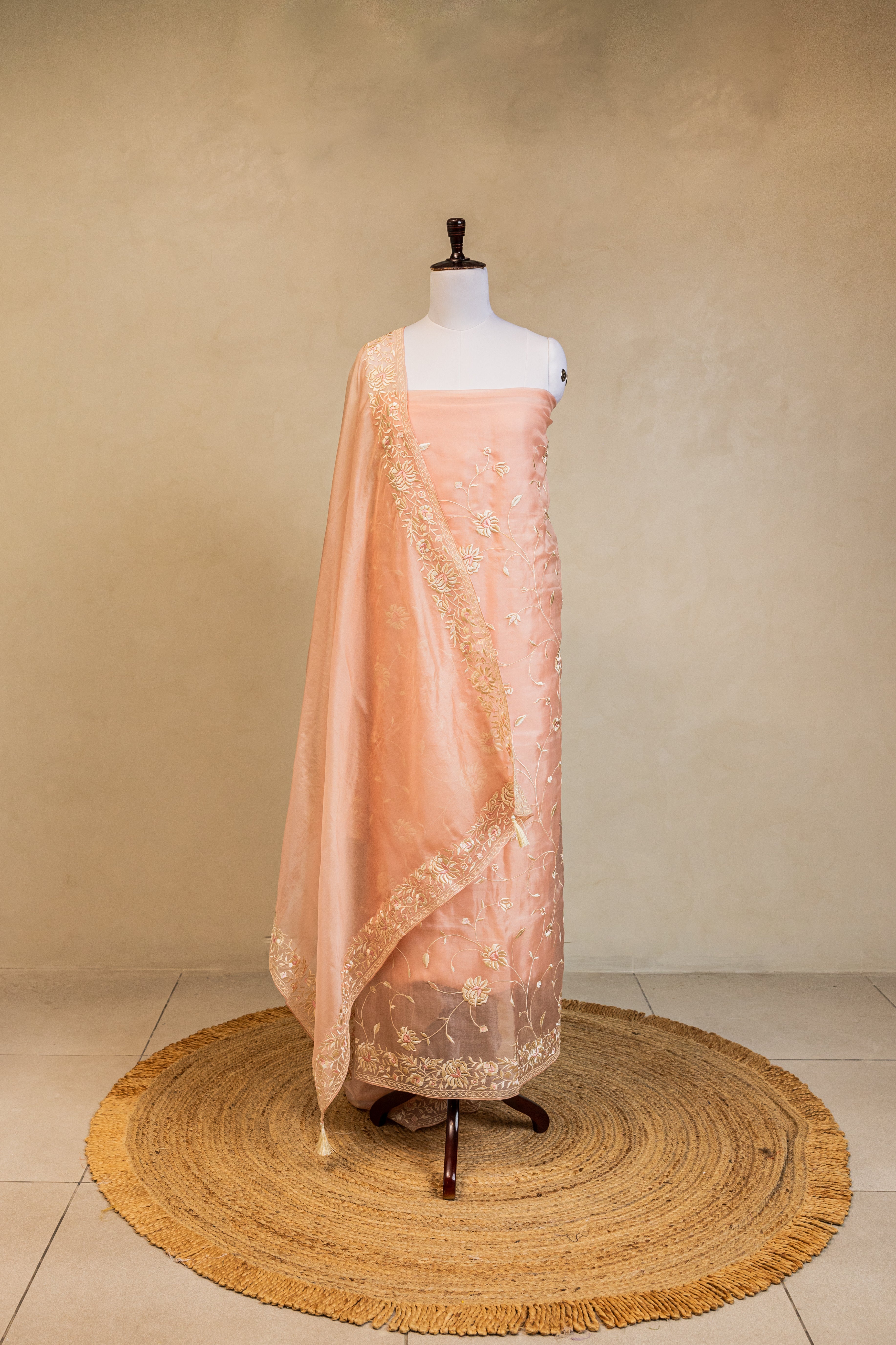 Peach Embroidered Organza Handloom Banarasi Suit