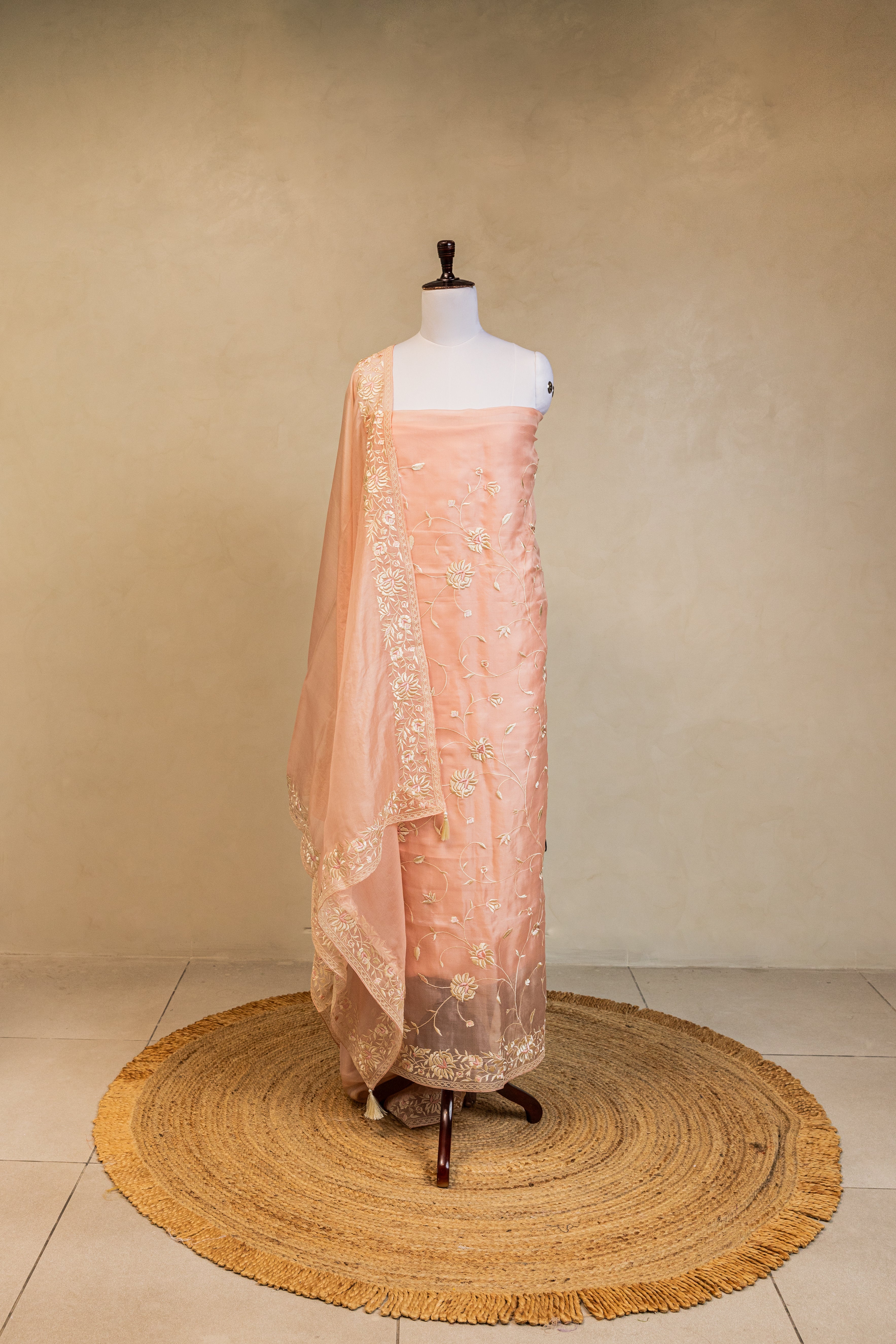 Peach Embroidered Organza Handloom Banarasi Suit