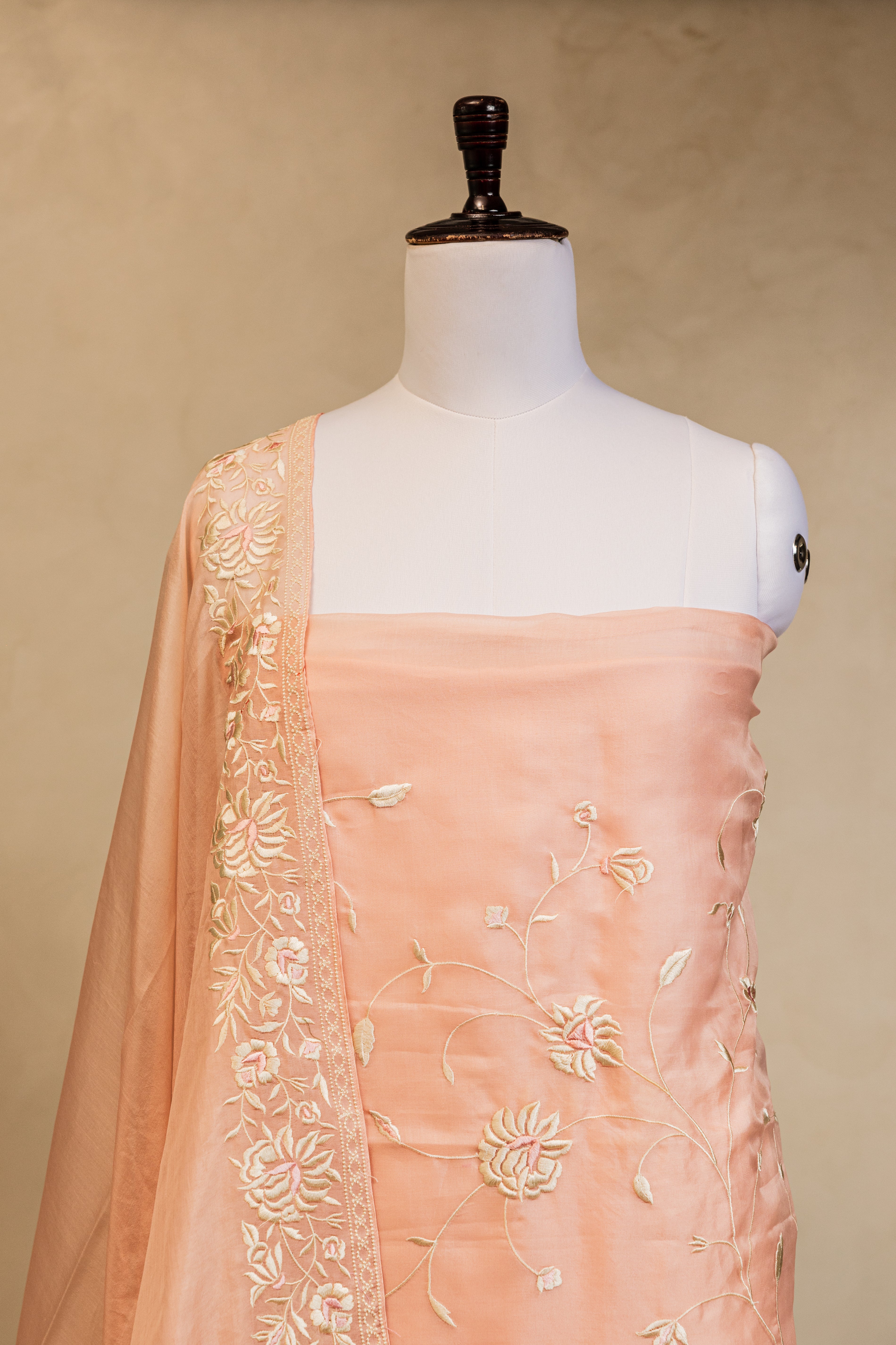 Peach Embroidered Organza Handloom Banarasi Suit
