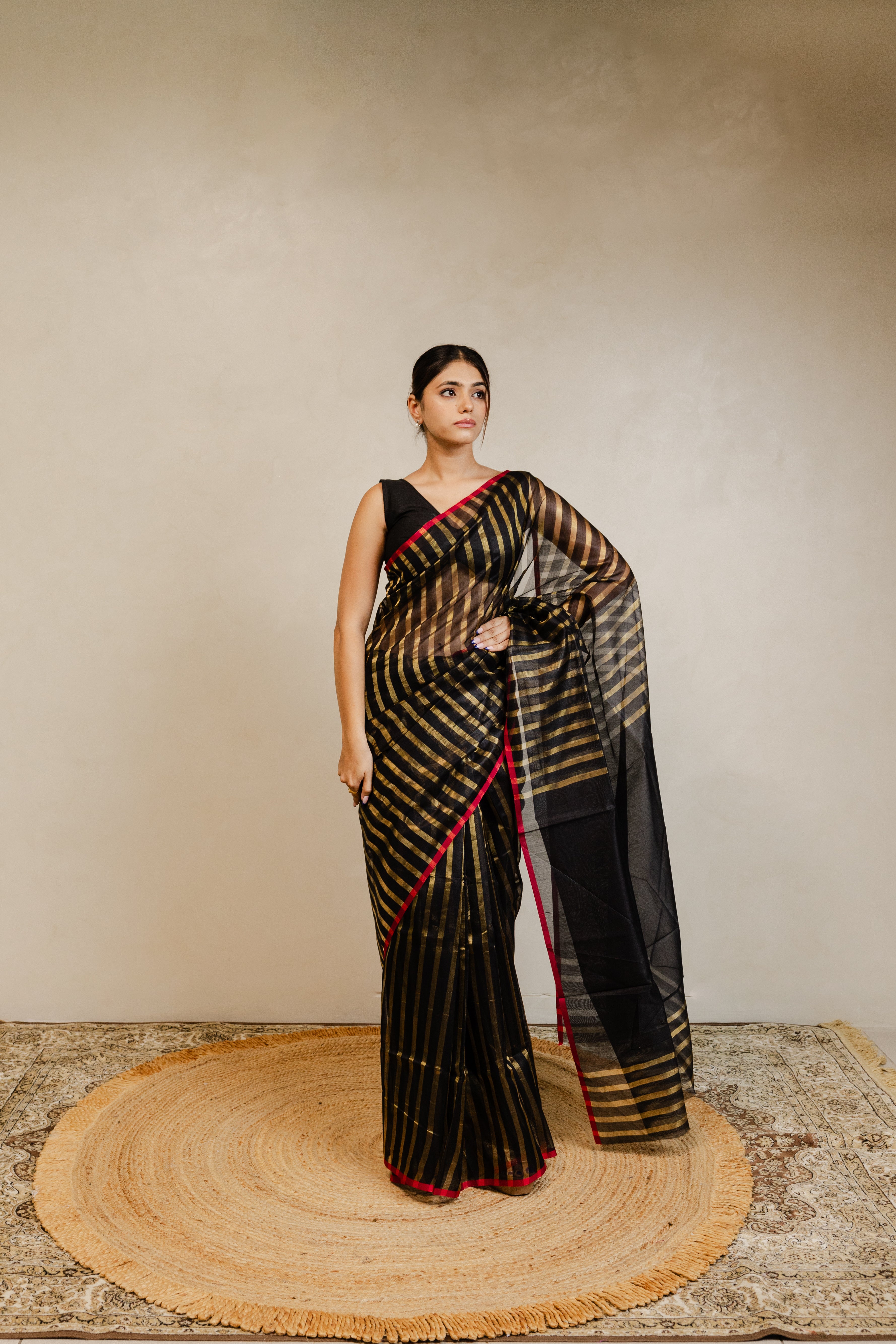 Black Gold Stripe Tissue Silk Saree