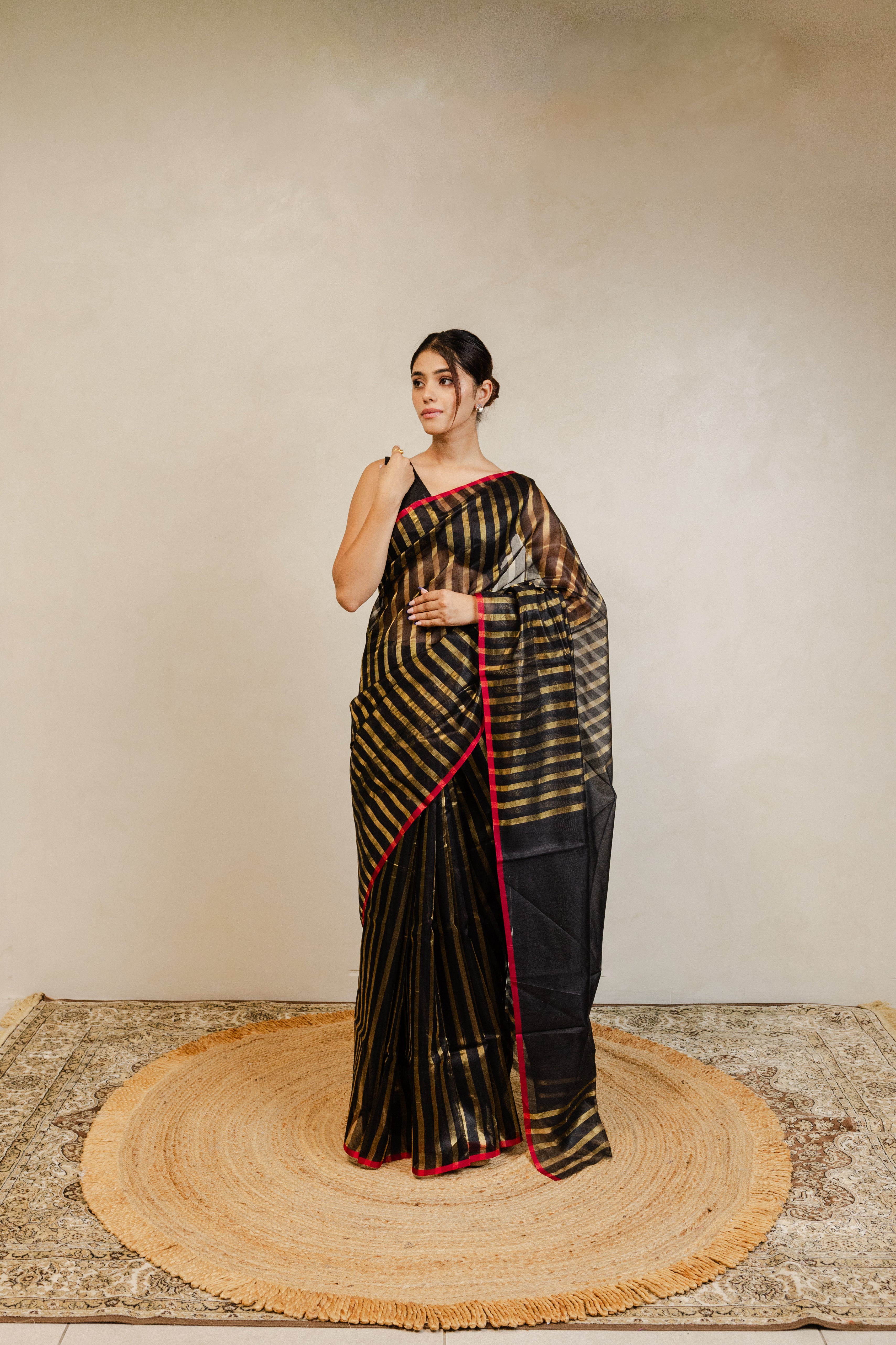 Black Gold Stripe Tissue Silk Saree