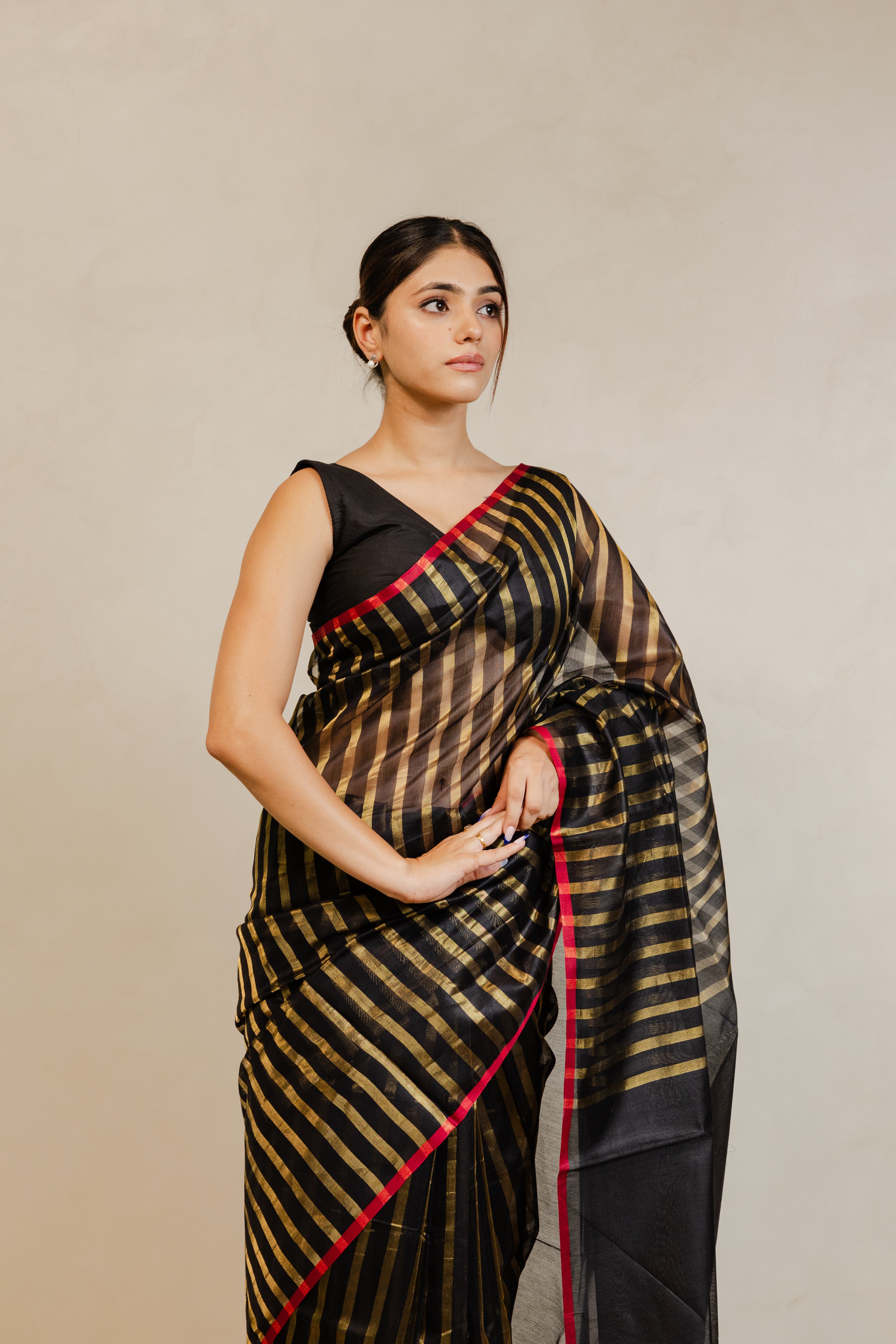 Black Gold Stripe Tissue Silk Saree