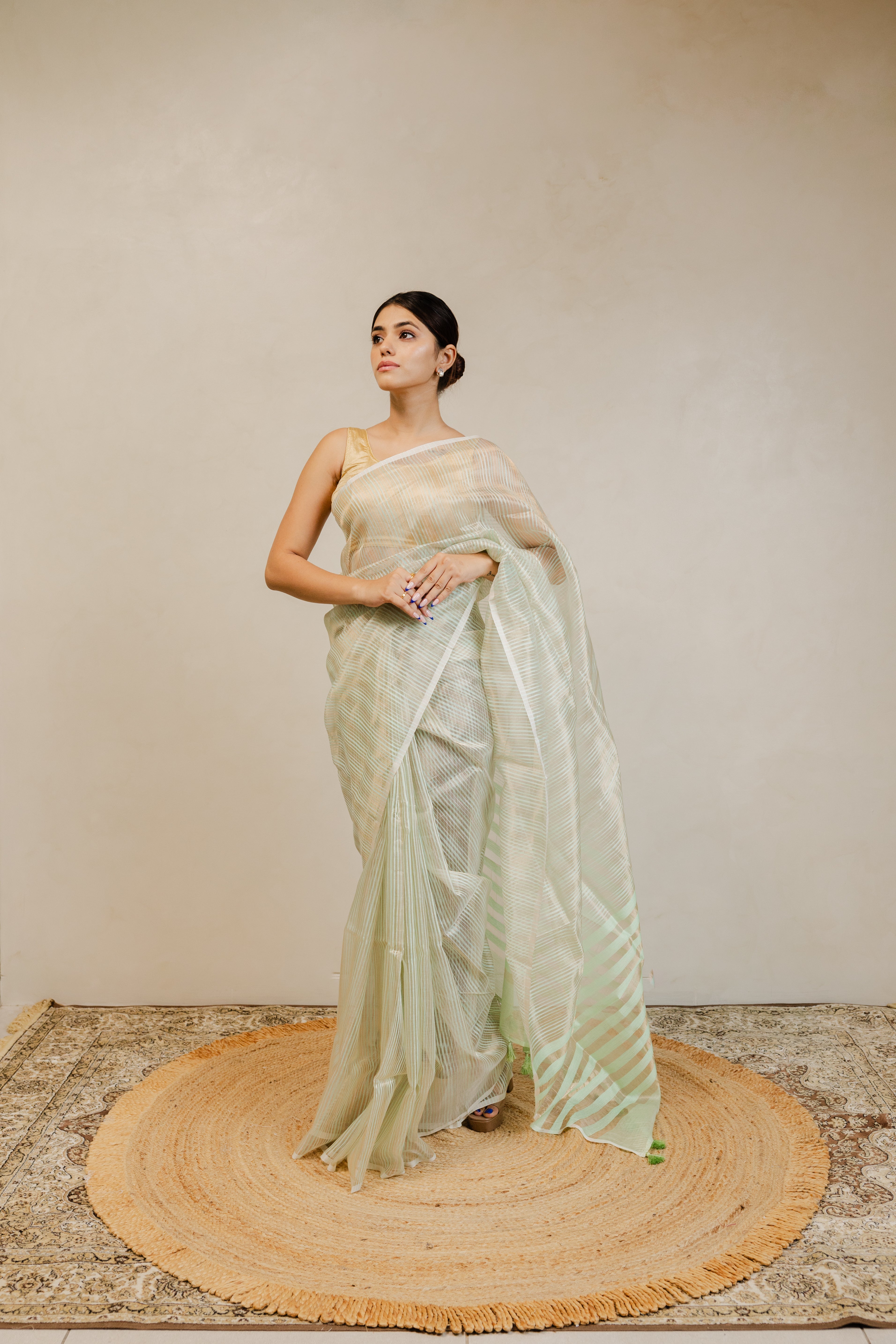 Light Green White Gold Stripe Tissue Silk Handloom Banarasi Saree