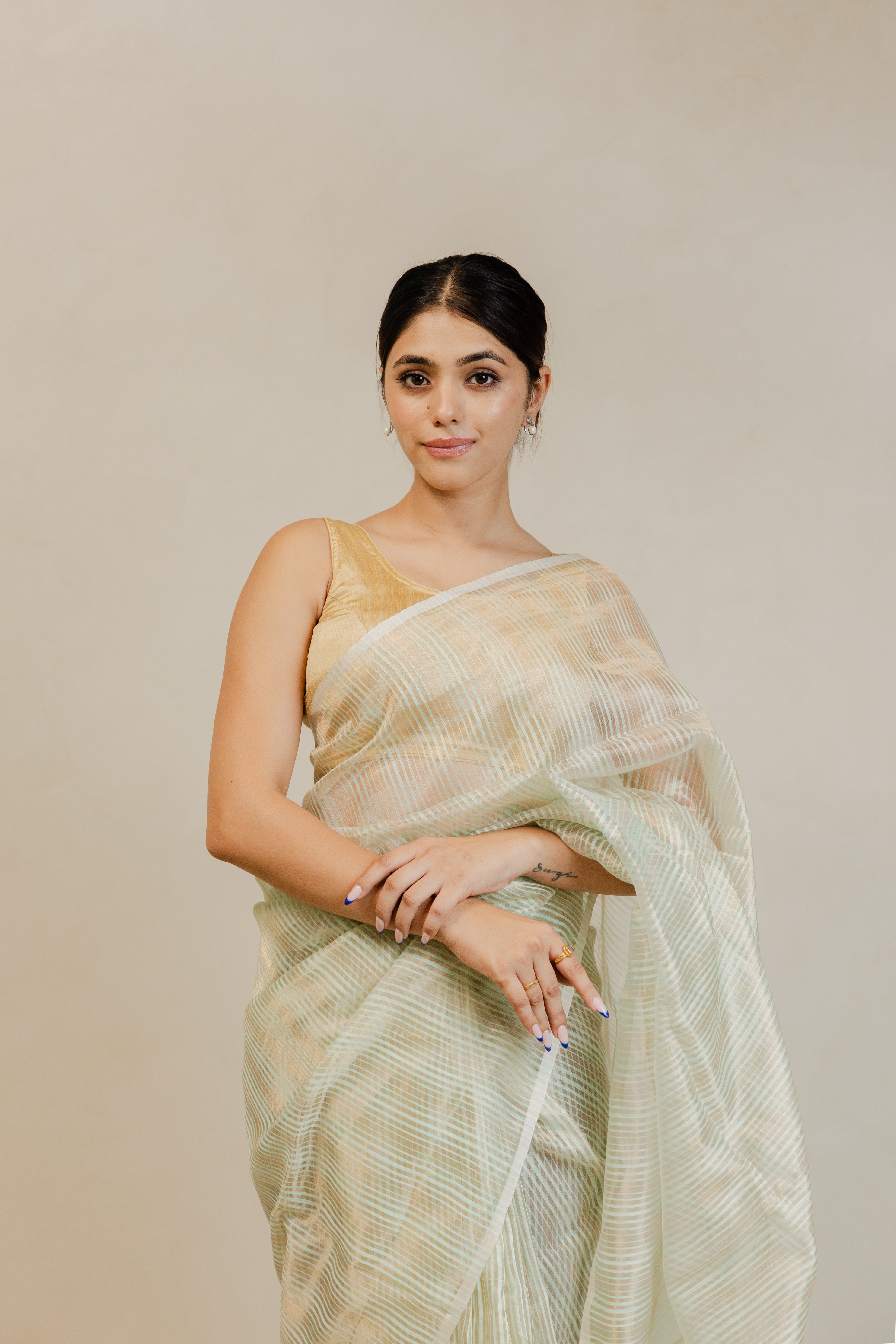 Light Green White Gold Stripe Tissue Silk Handloom Banarasi Saree