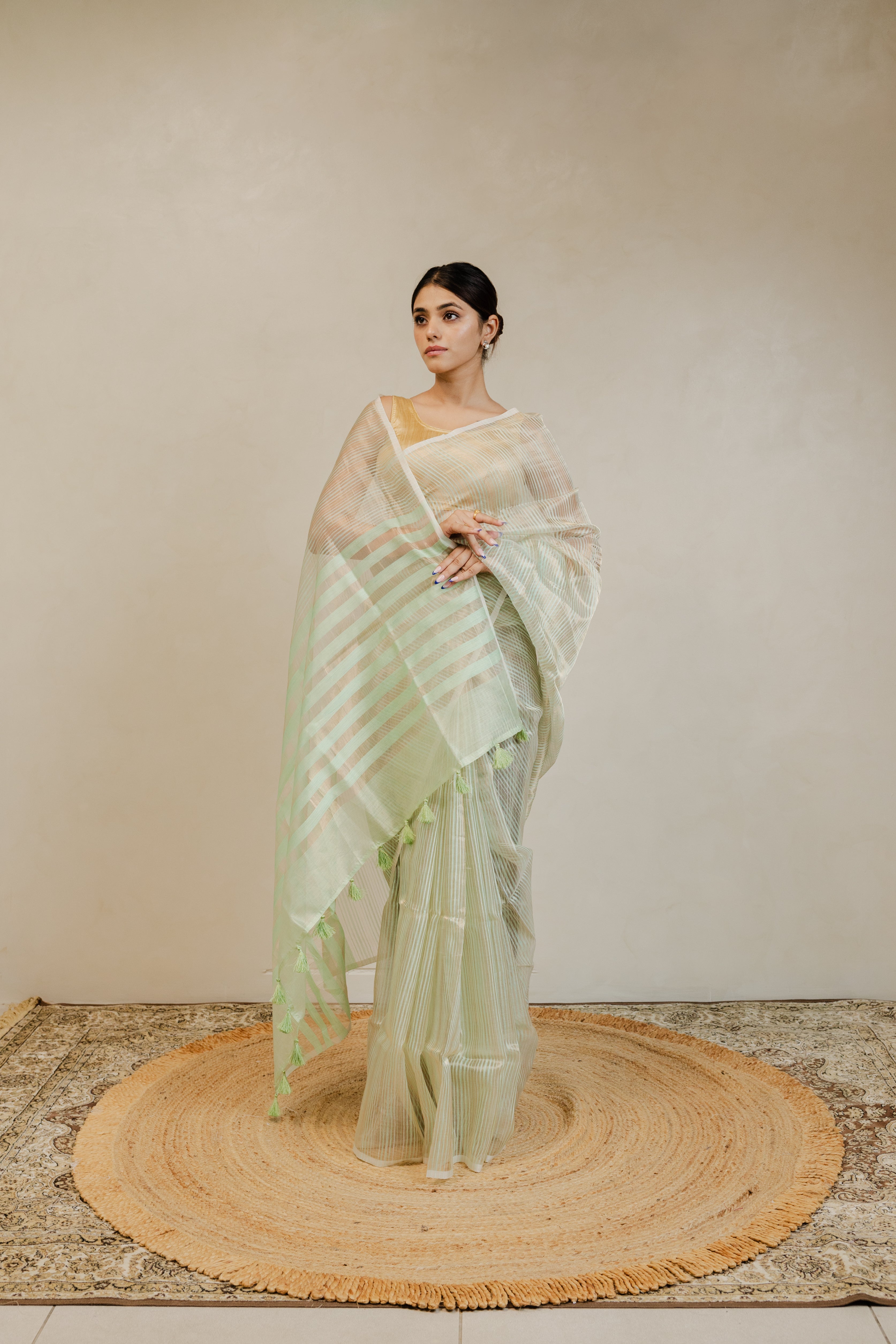Light Green White Gold Stripe Tissue Silk Handloom Banarasi Saree