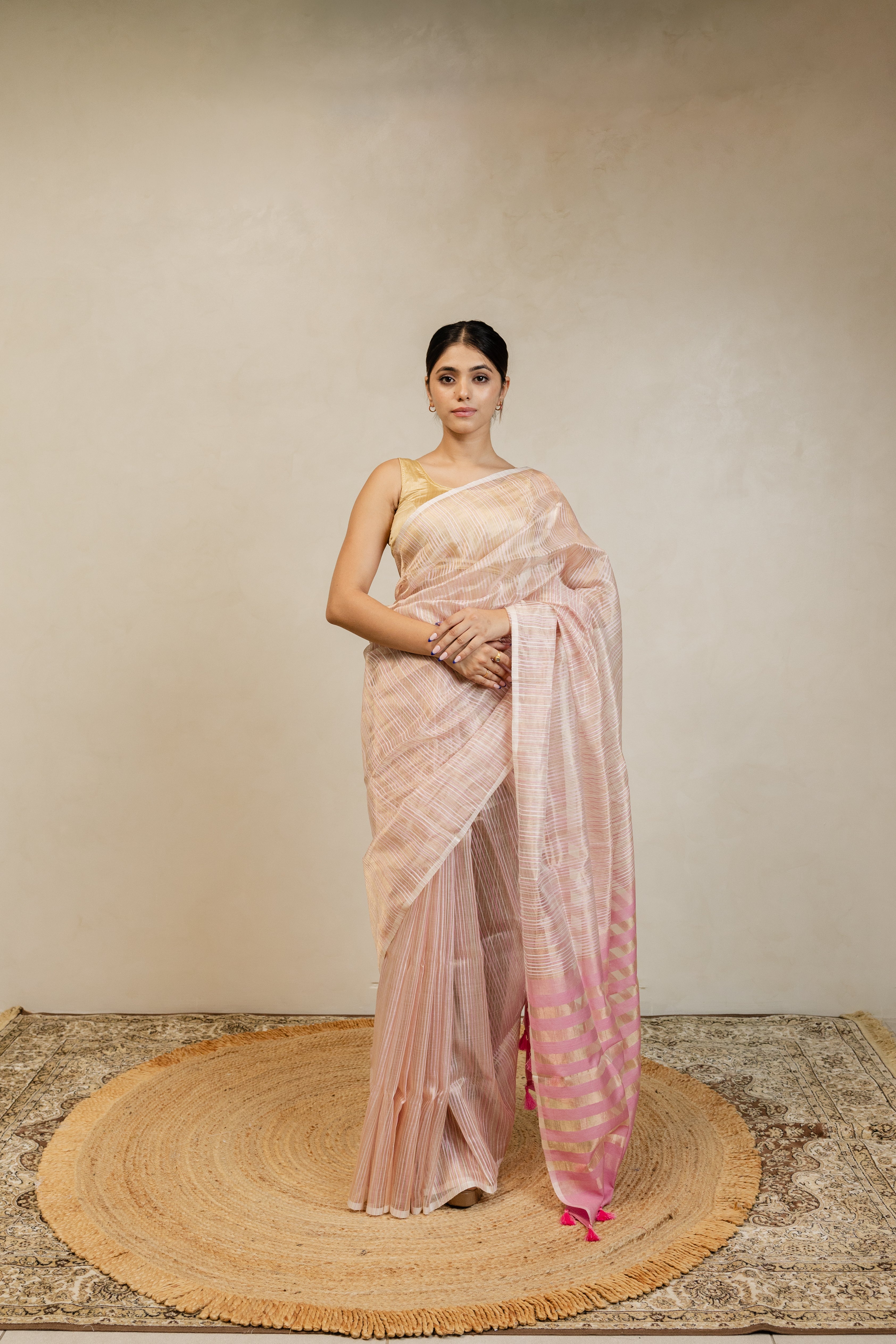 Gold Pink White Stripe Tissue Silk Handloom Banarasi Saree
