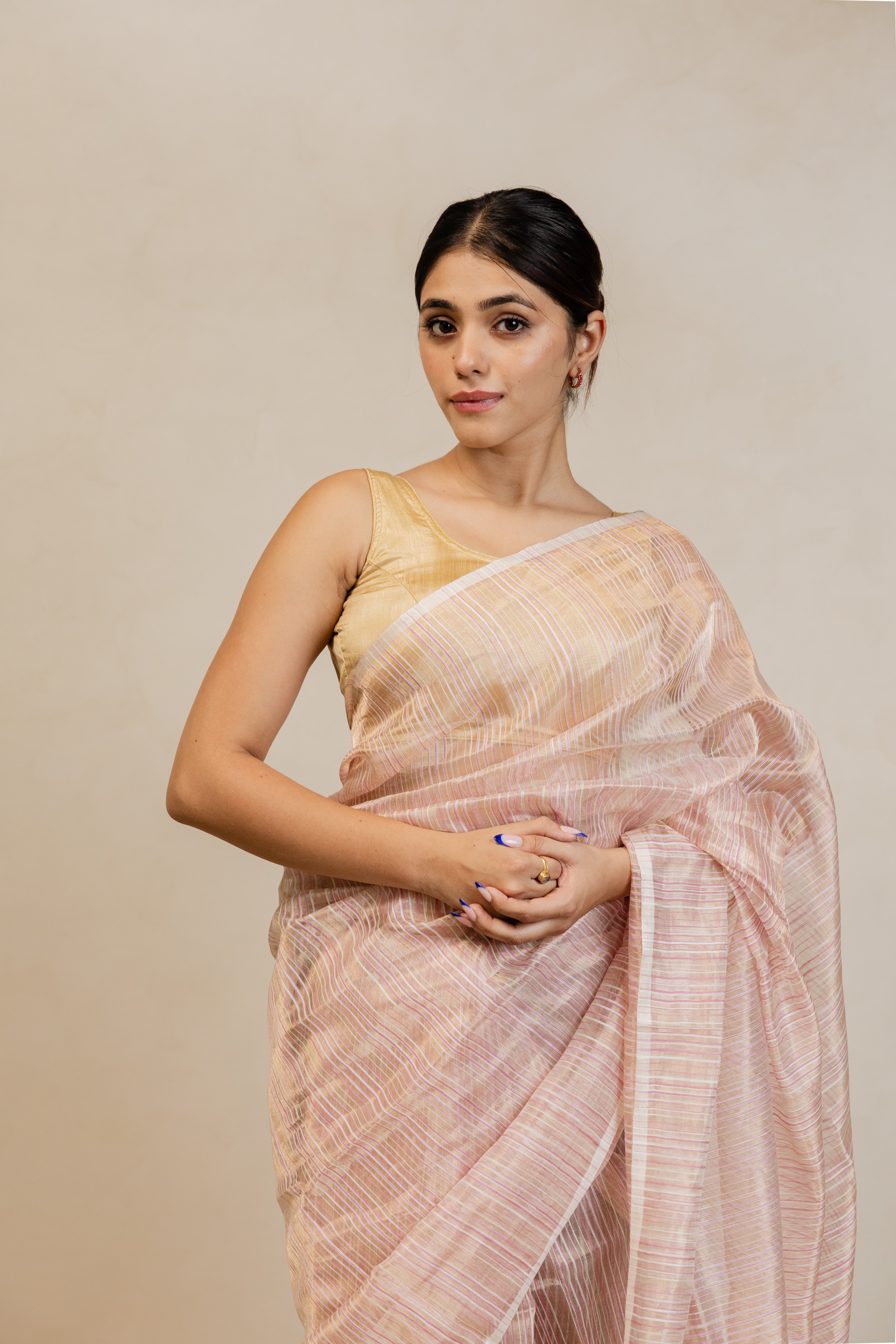 Gold Pink White Stripe Tissue Silk Handloom Banarasi Saree