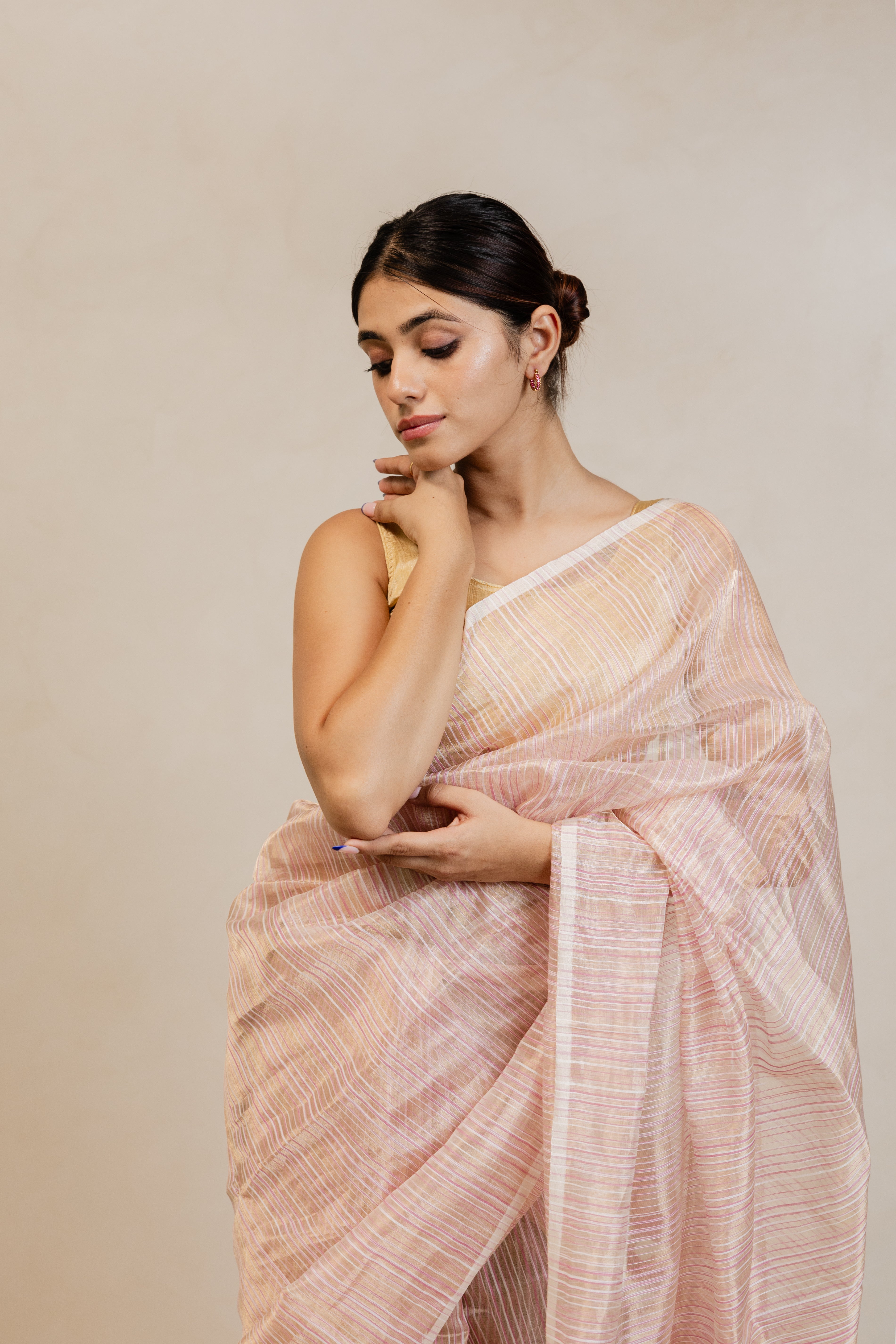 Gold Pink White Stripe Tissue Silk Handloom Banarasi Saree
