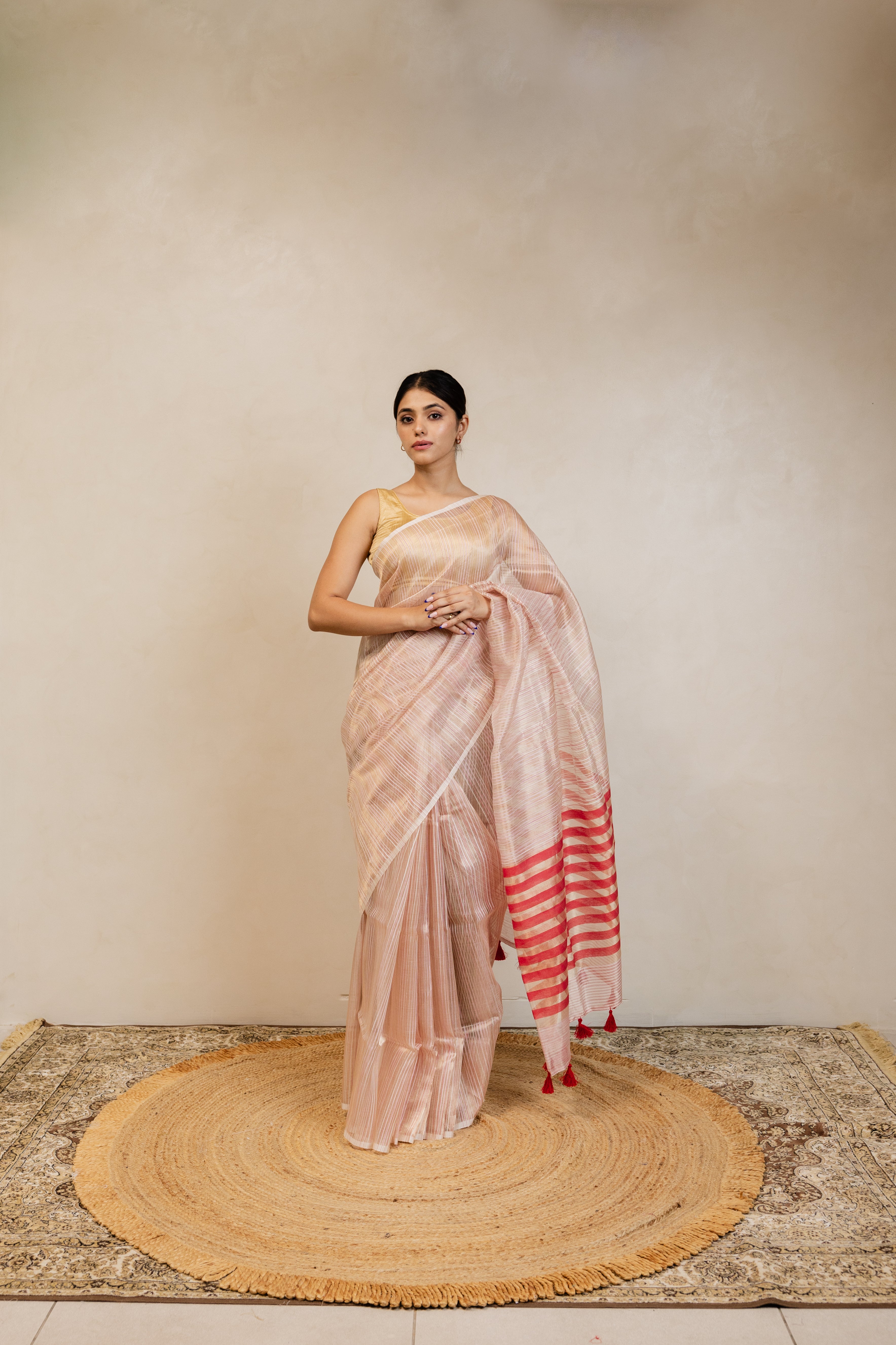 Red Gold Stripe Tissue Silk Handloom Banarasi Saree