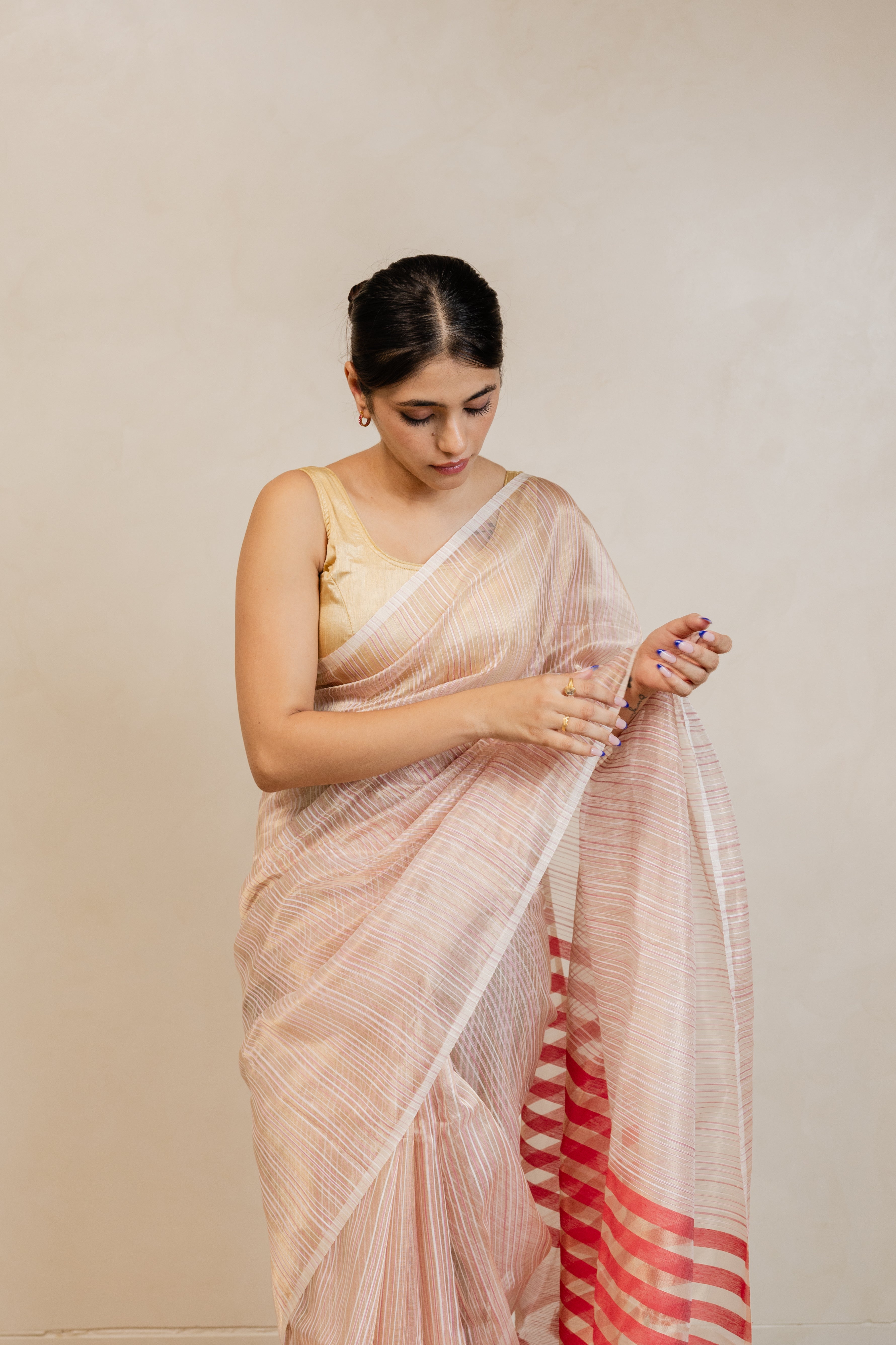 Red Gold Stripe Tissue Silk Handloom Banarasi Saree