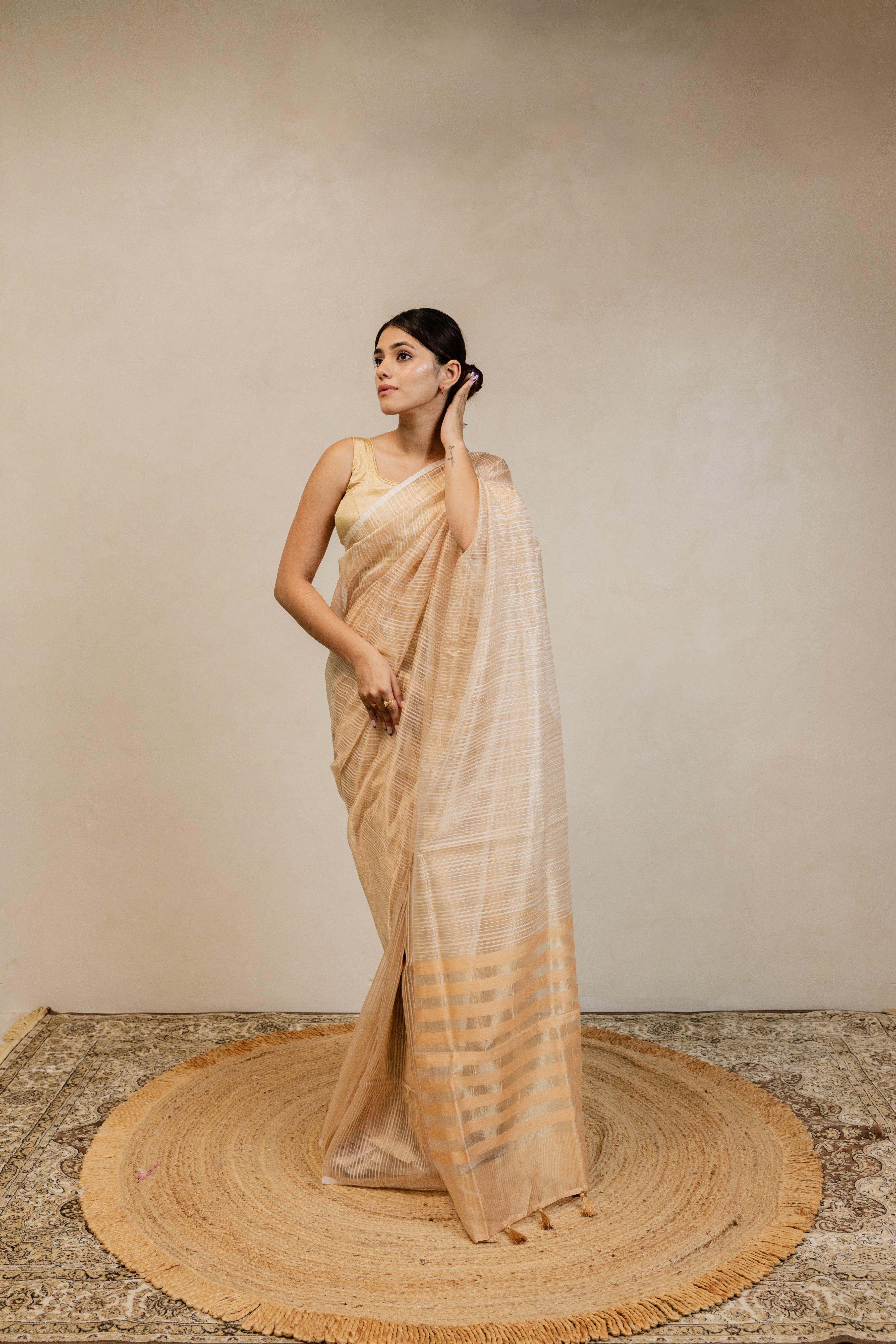 Gold White Stripe Tissue Silk Handloom Banarasi Saree