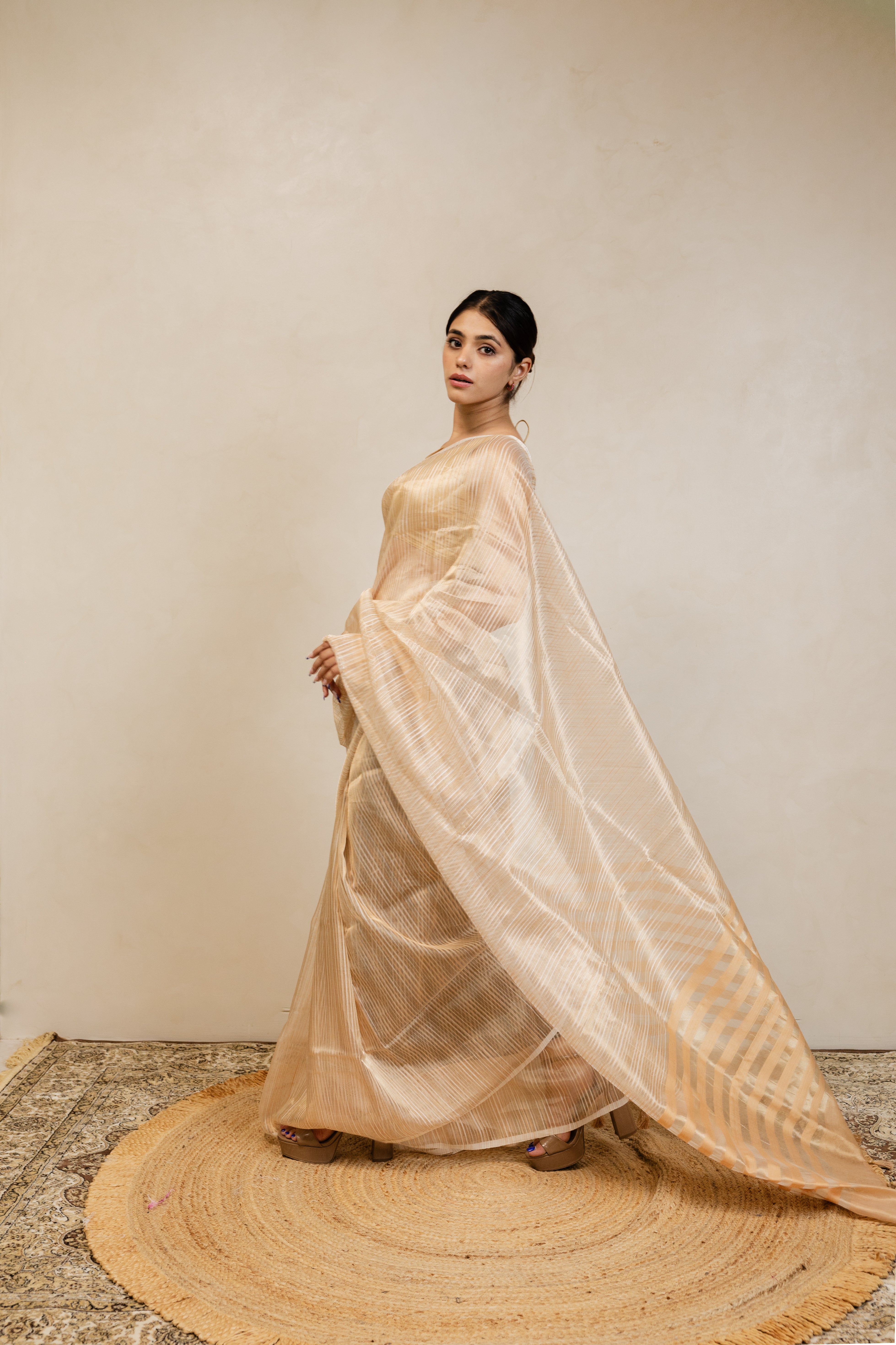 Gold White Stripe Tissue Silk Handloom Banarasi Saree