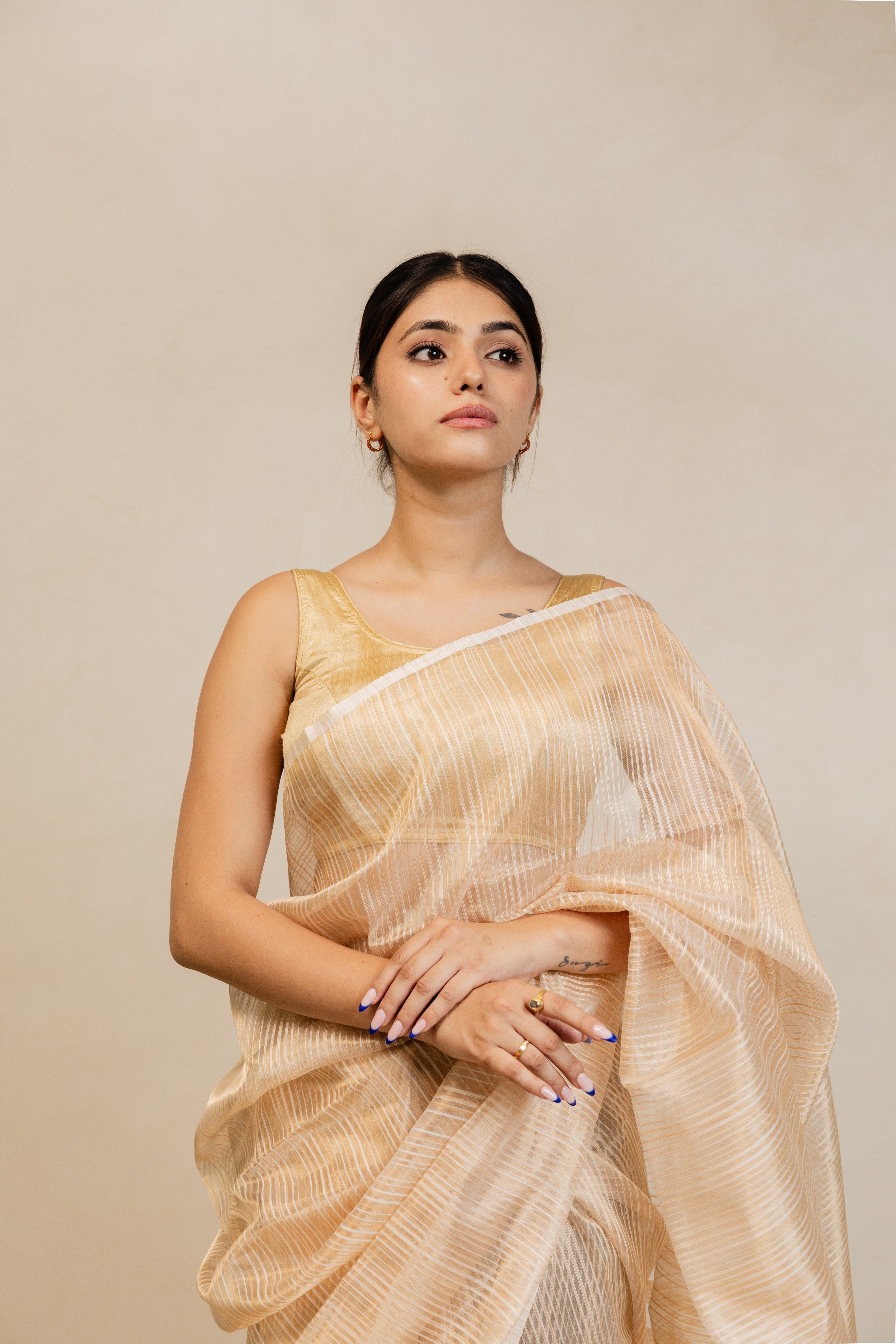 Gold White Stripe Tissue Silk Handloom Banarasi Saree