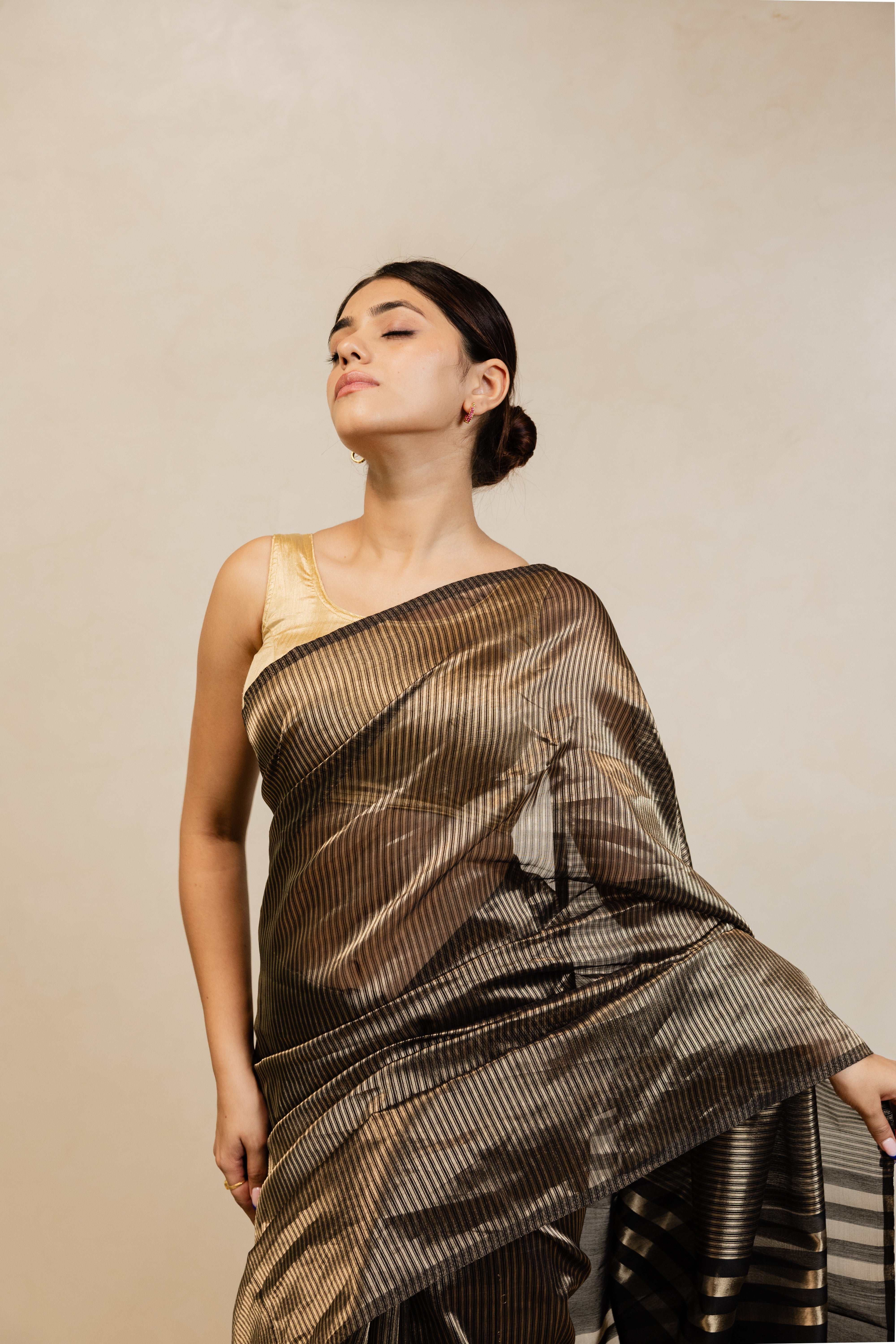 Black Gold Thin Stripe Tissue Silk Handloom Banarasi Saree