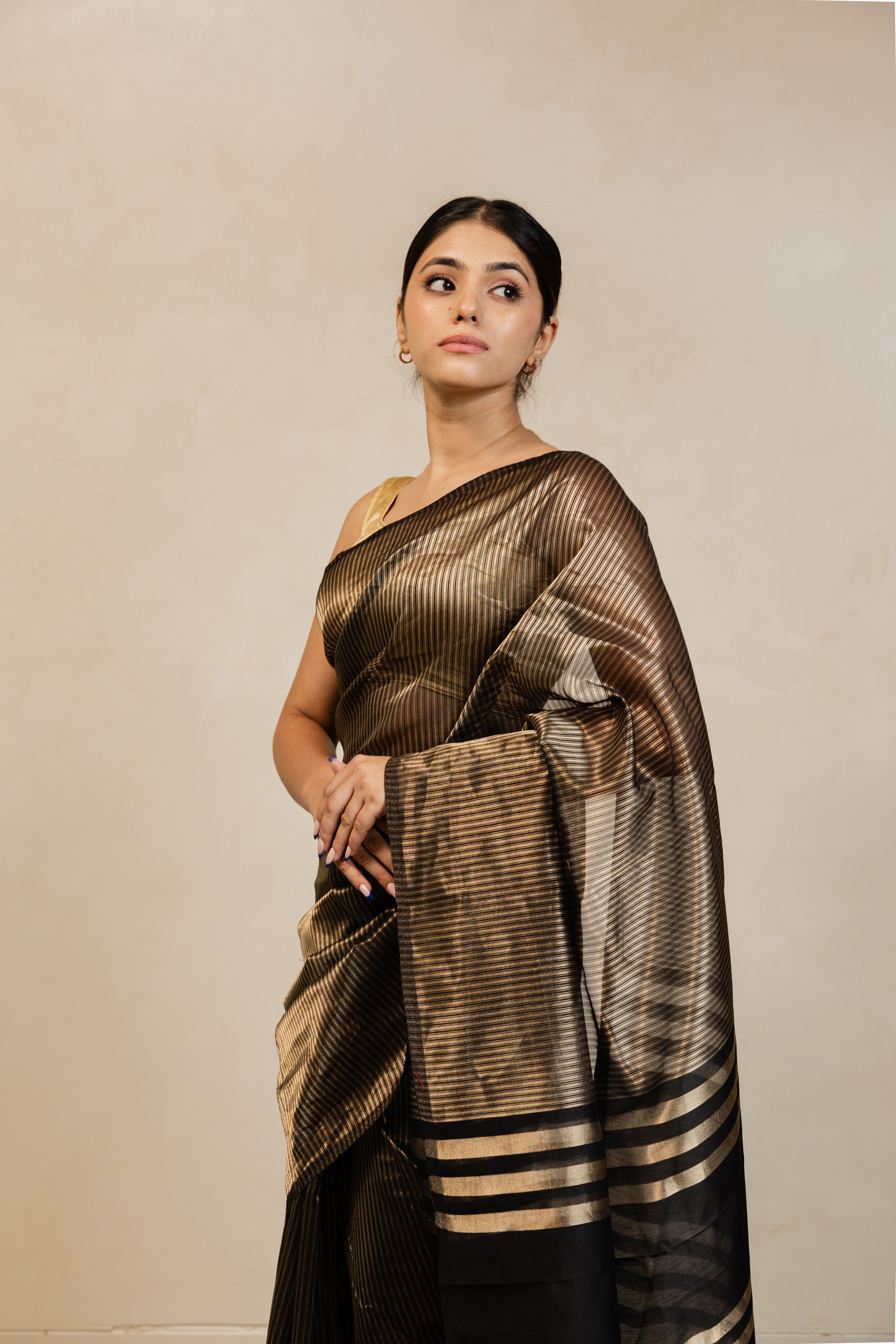 Black Gold Thin Stripe Tissue Silk Handloom Banarasi Saree