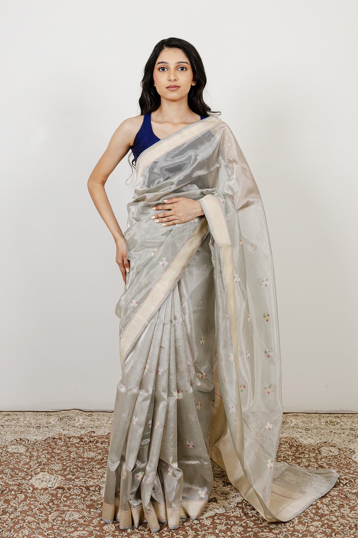 Grey Meena Booti Pure Tissue Banarasi Handloom Saree