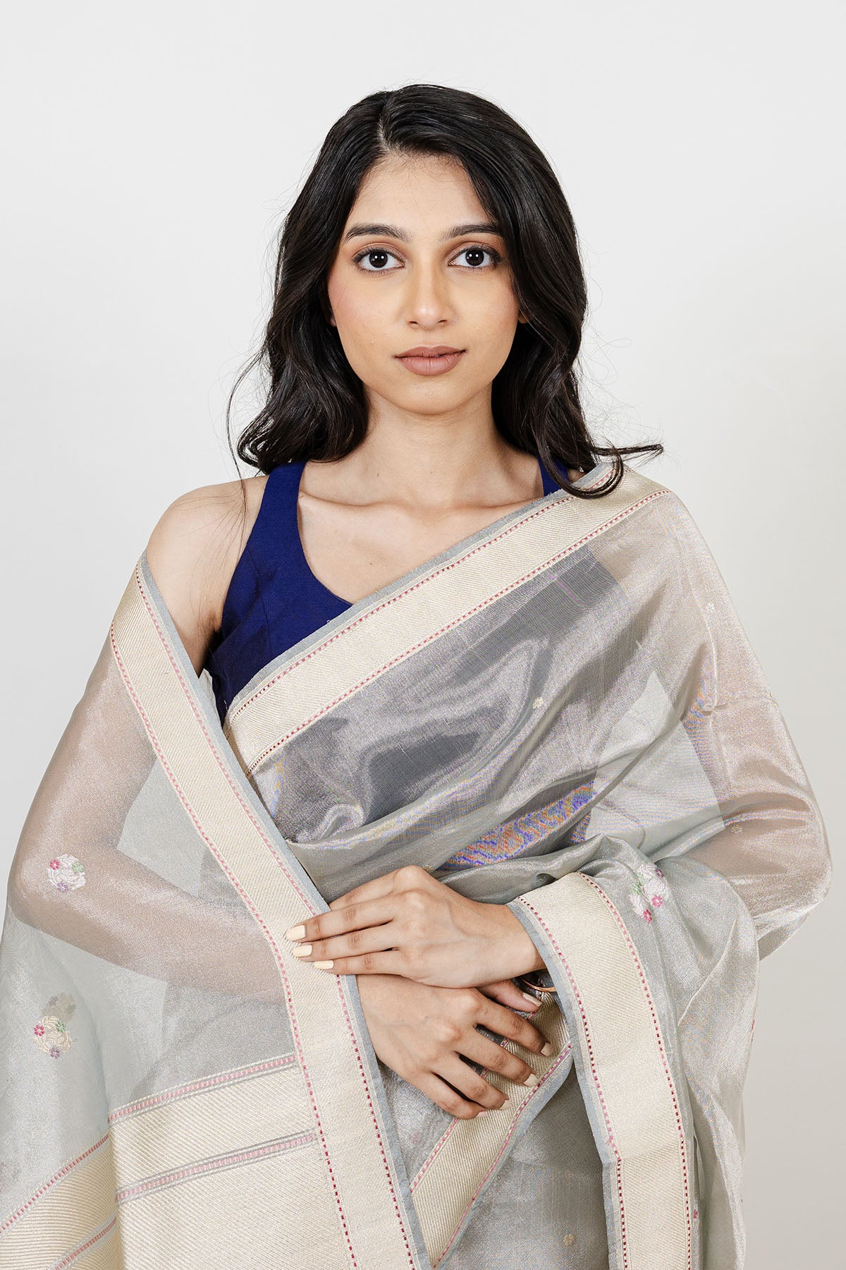 Grey Meena Booti Pure Tissue Banarasi Handloom Saree