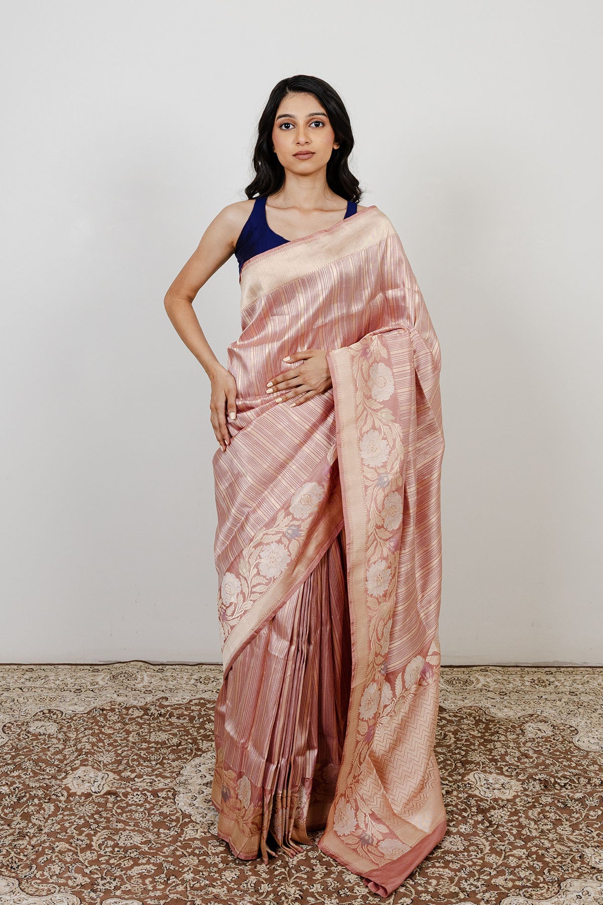 Pink Stripe Brocade Katan Silk Banarasi Handloom Saree