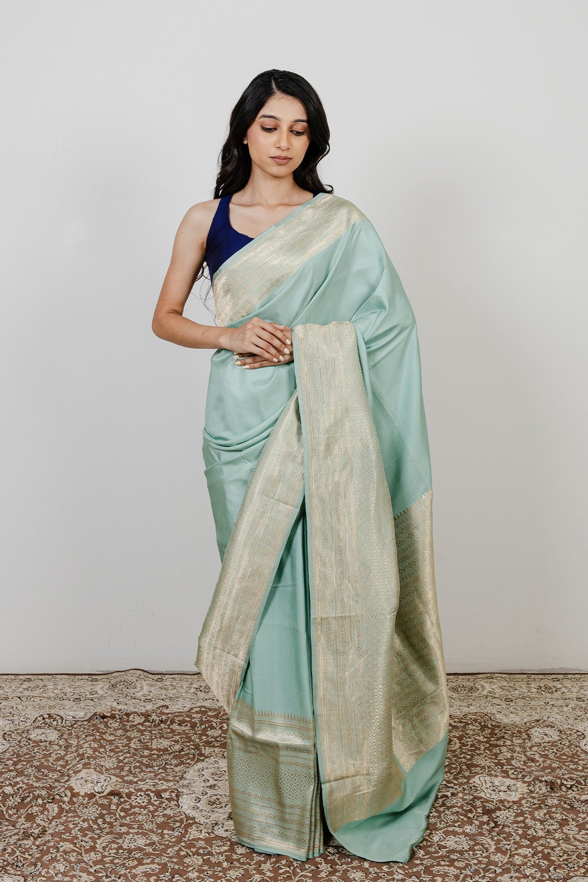 Sky Blue Plain Satin Katan Silk Banarasi Handloom Saree