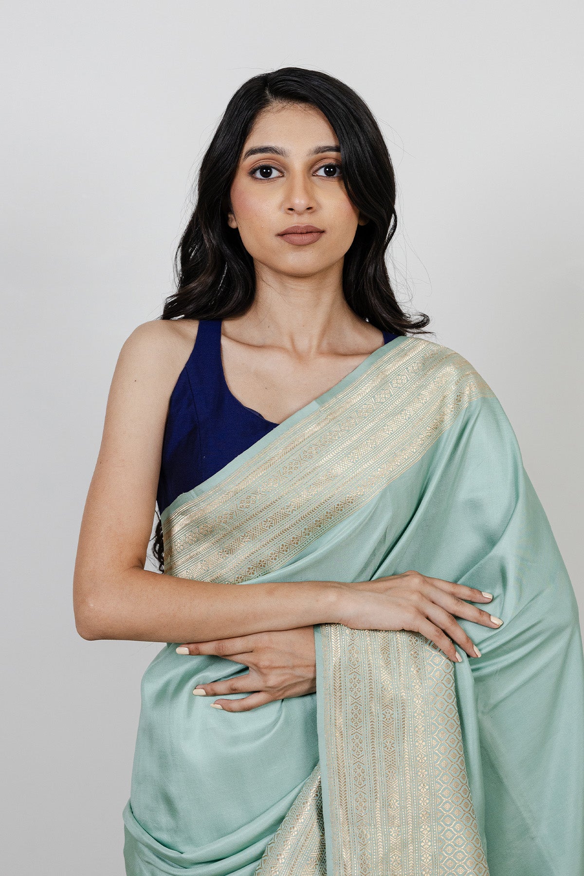 Sky Blue Plain Satin Katan Silk Banarasi Handloom Saree
