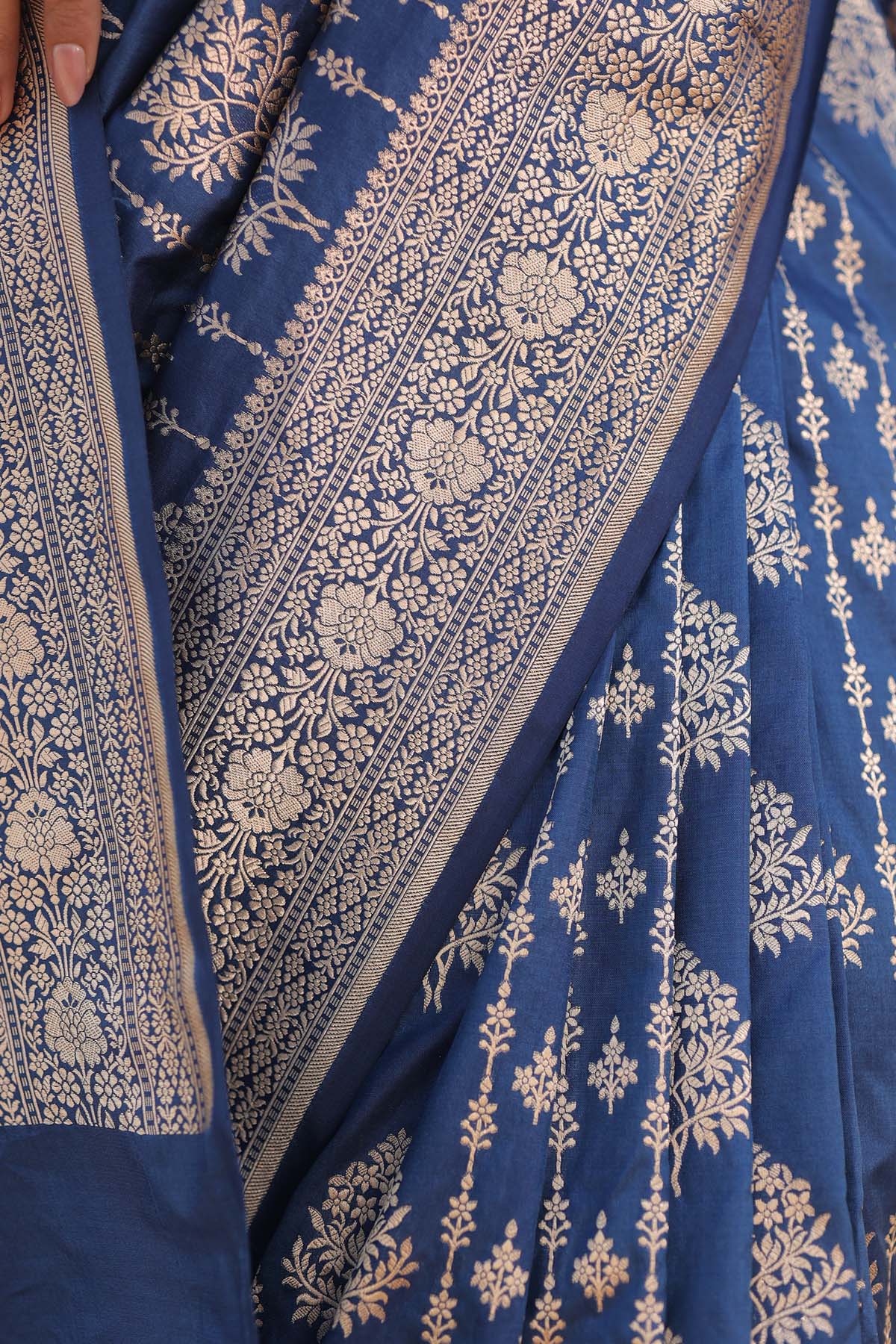 Blue Jaal Katan Silk Banarasi Handloom Saree