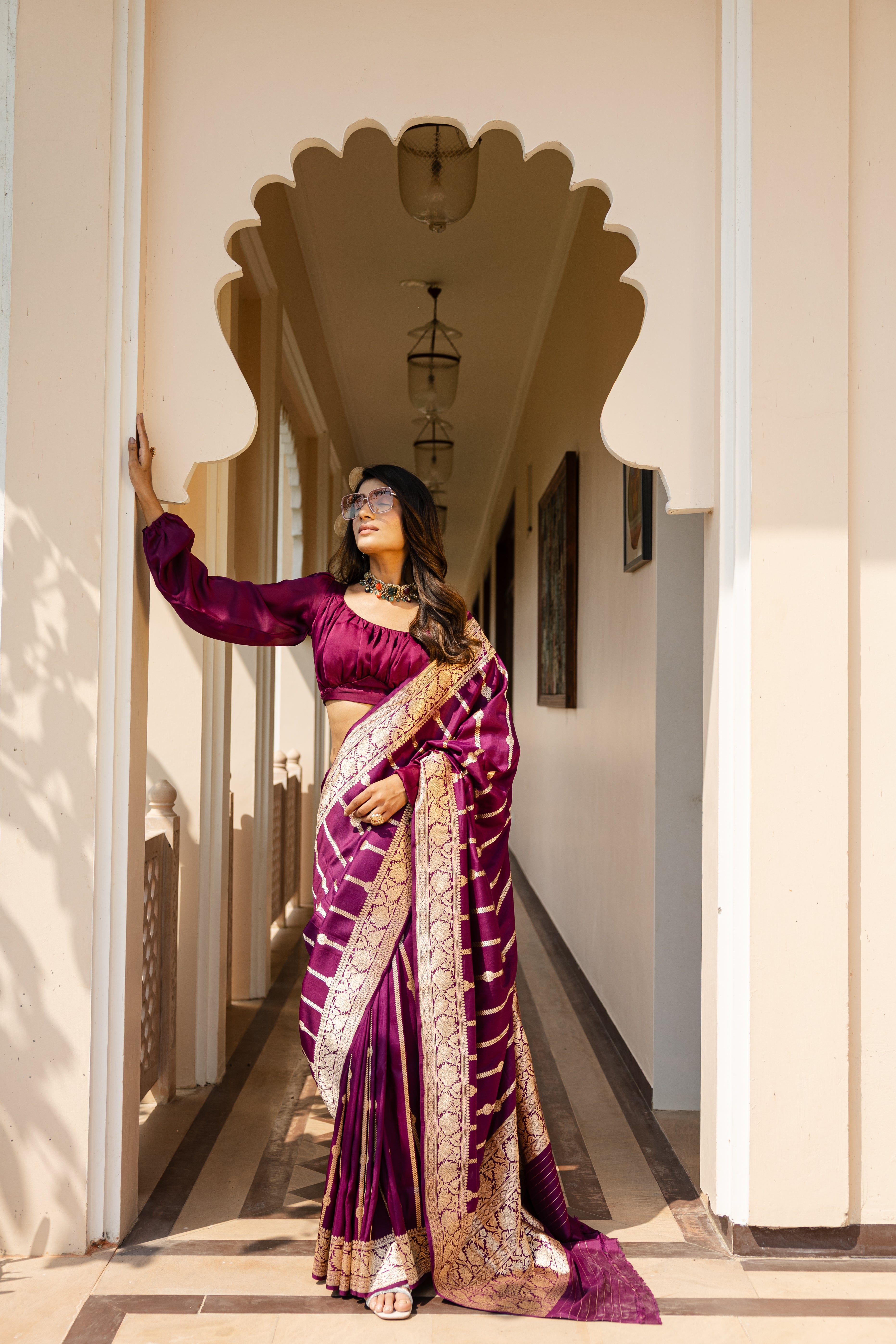 Wine Stripe Katan Silk Banarasi Handloom Saree