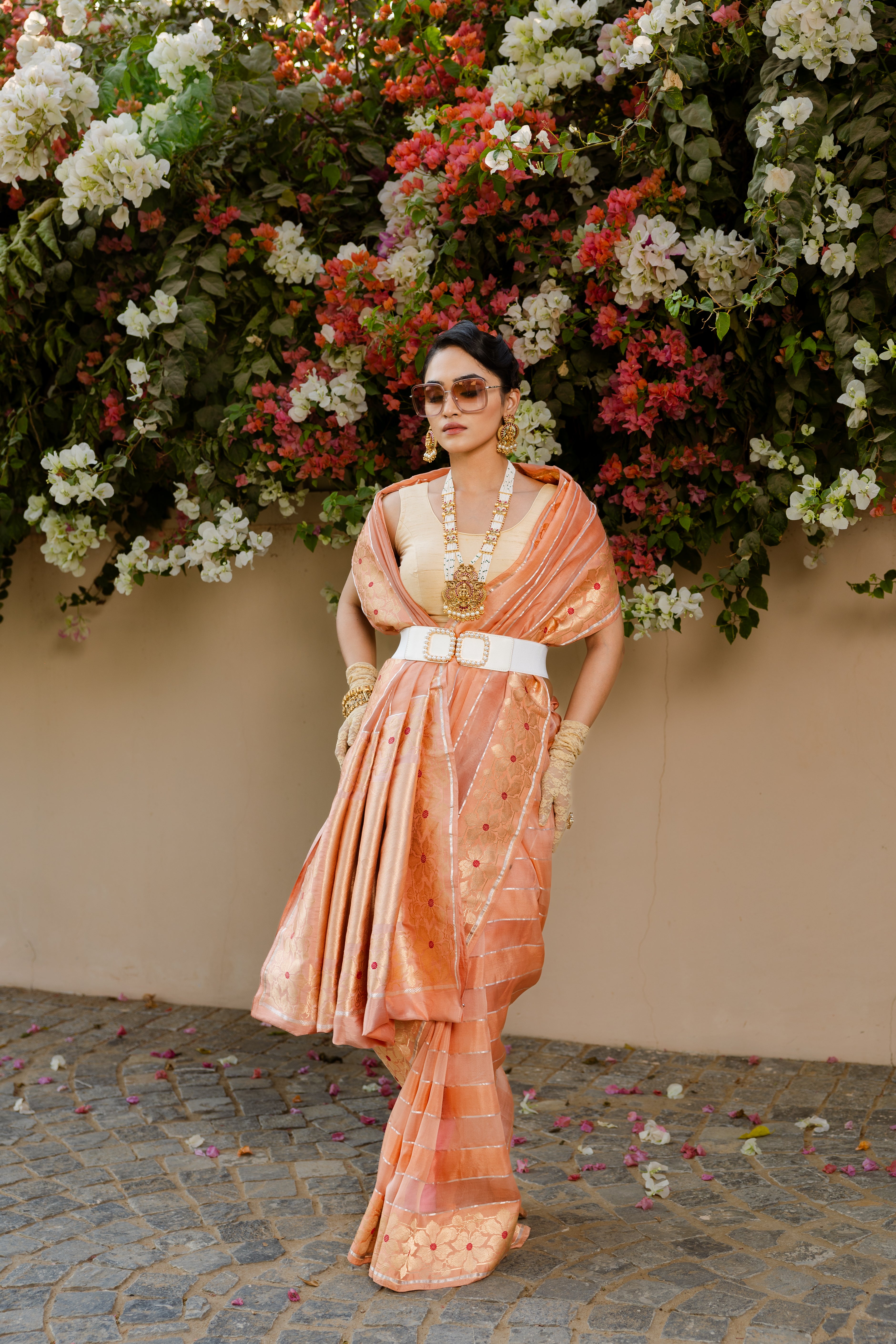 Peach Organza Meenakari Stripe Banarasi Handloom Saree